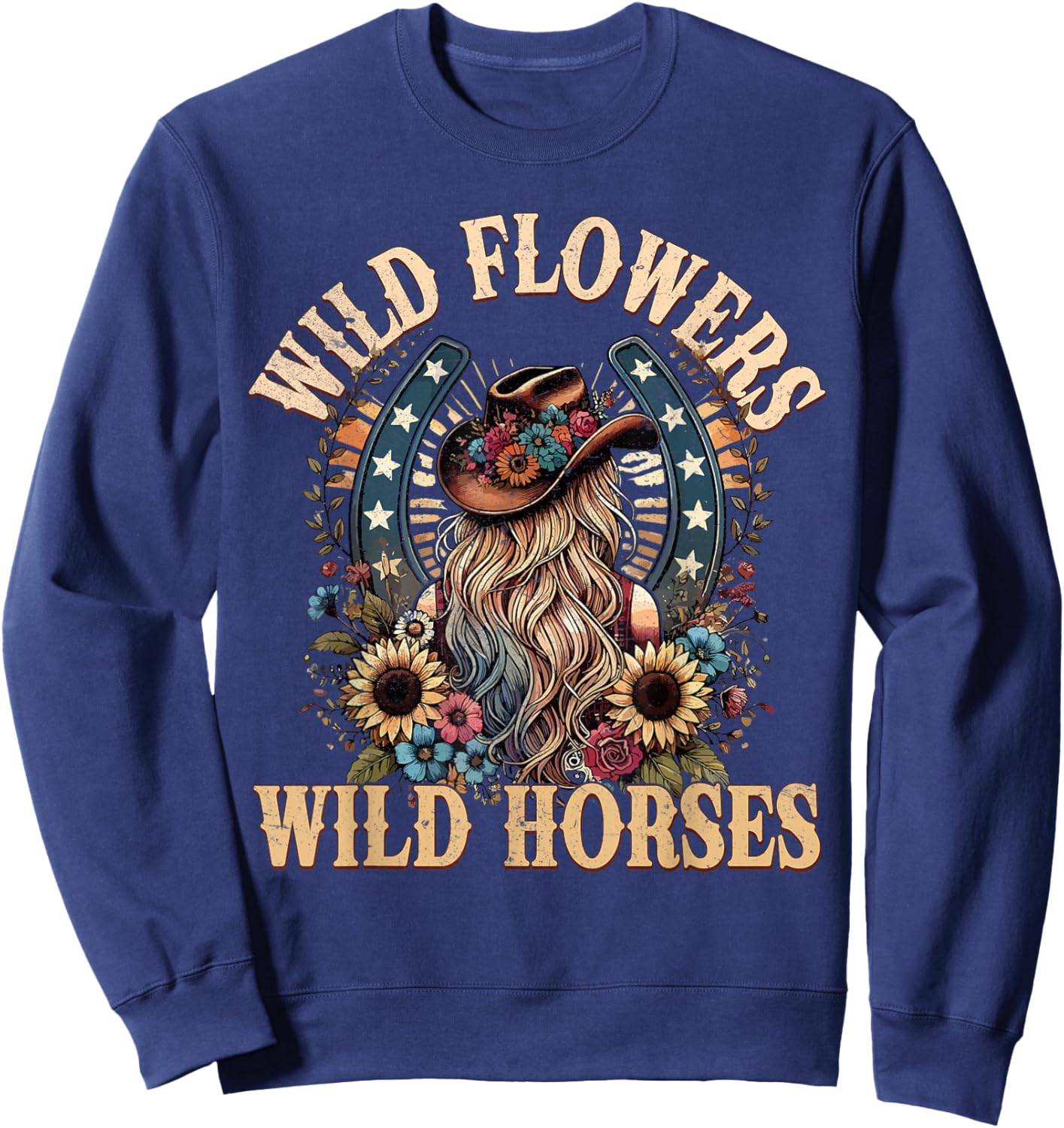 Retro Southern Sunset Cowgirl Wild Flowers - Wild Horses Sweatshirt - Sweatshirt | Navy