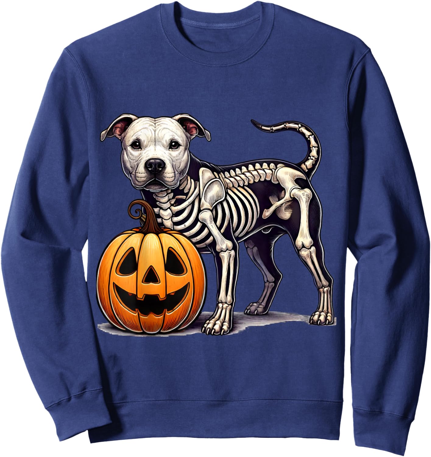 Pit bull Skeleton Jack O Lantern Funny Dog Halloween Sweatshirt - Sweatshirt | Navy