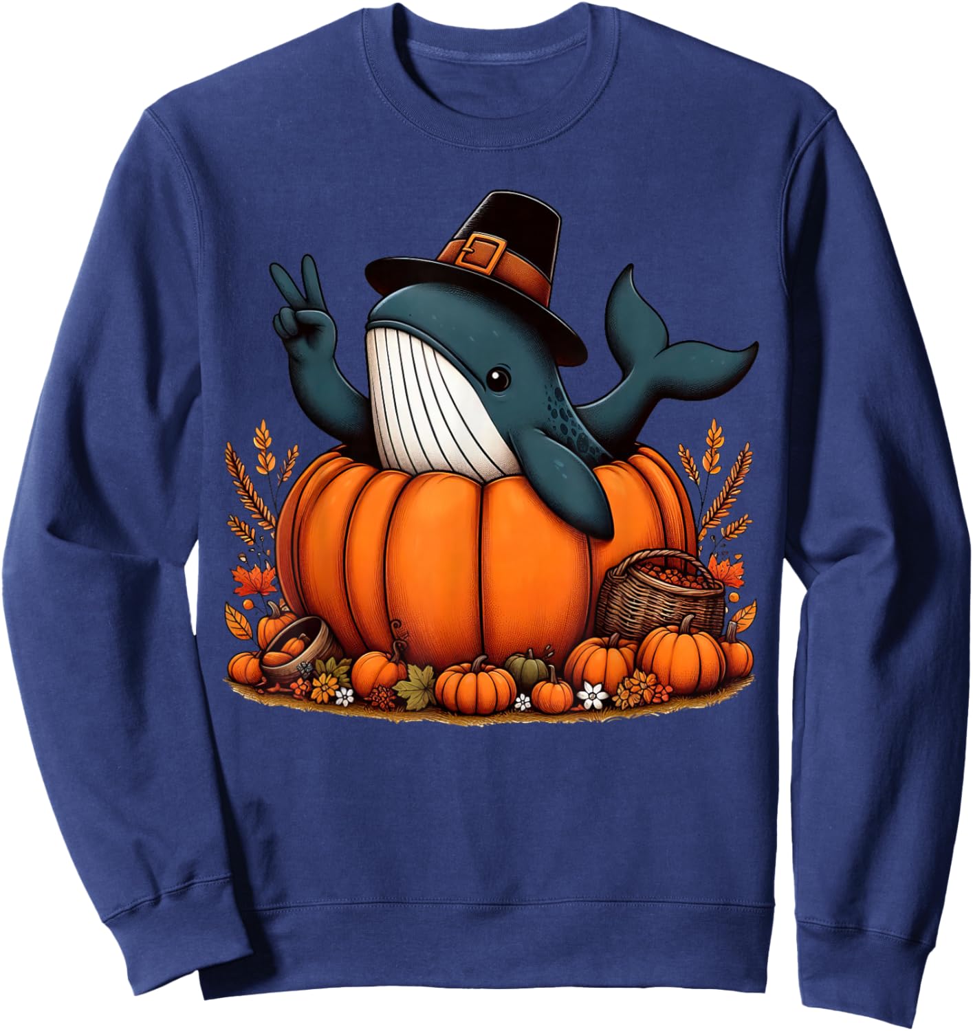 Autumn Pumpkin Fall Whale Thanksgiving Kids Sweatshirt - Sweatshirt | Navy