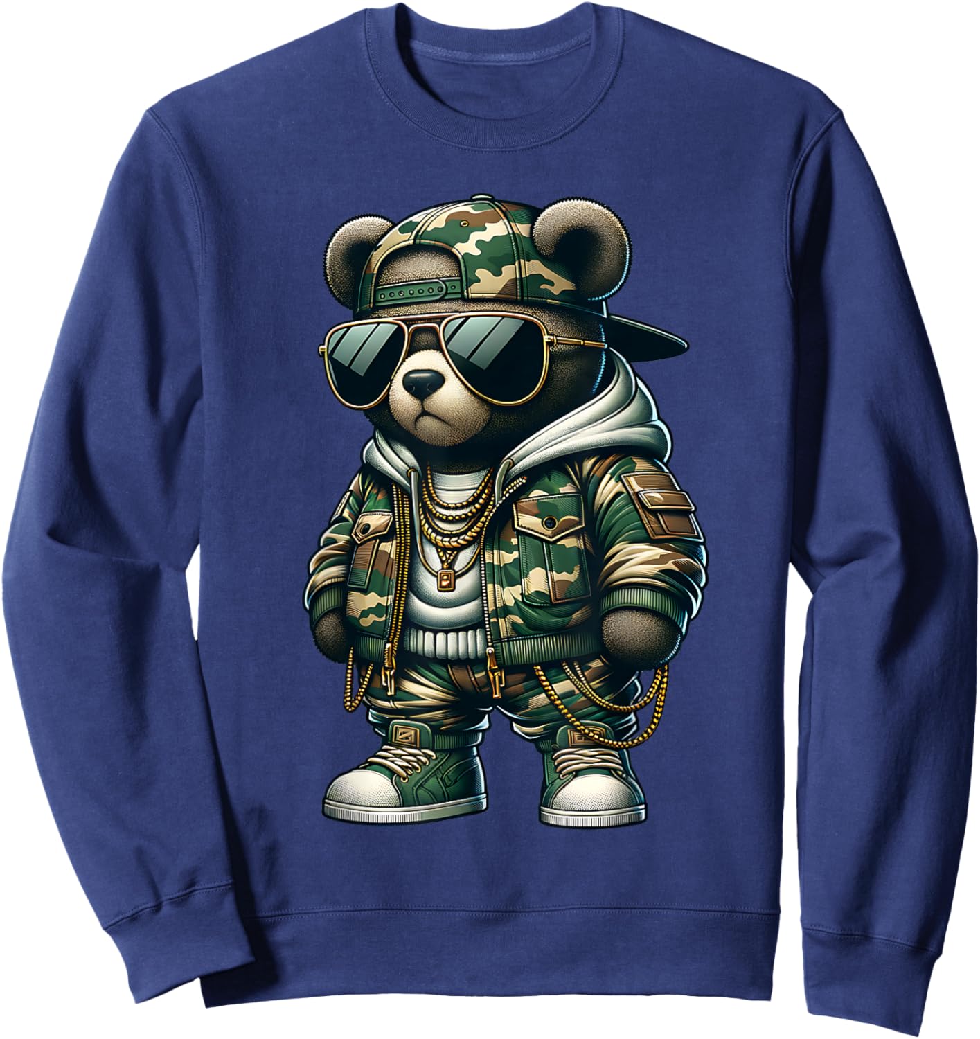 Camo Teddy Bear Hip-Hop Streetwear-Urban Camouflage Bear Sweatshirt - Sweatshirt | Navy