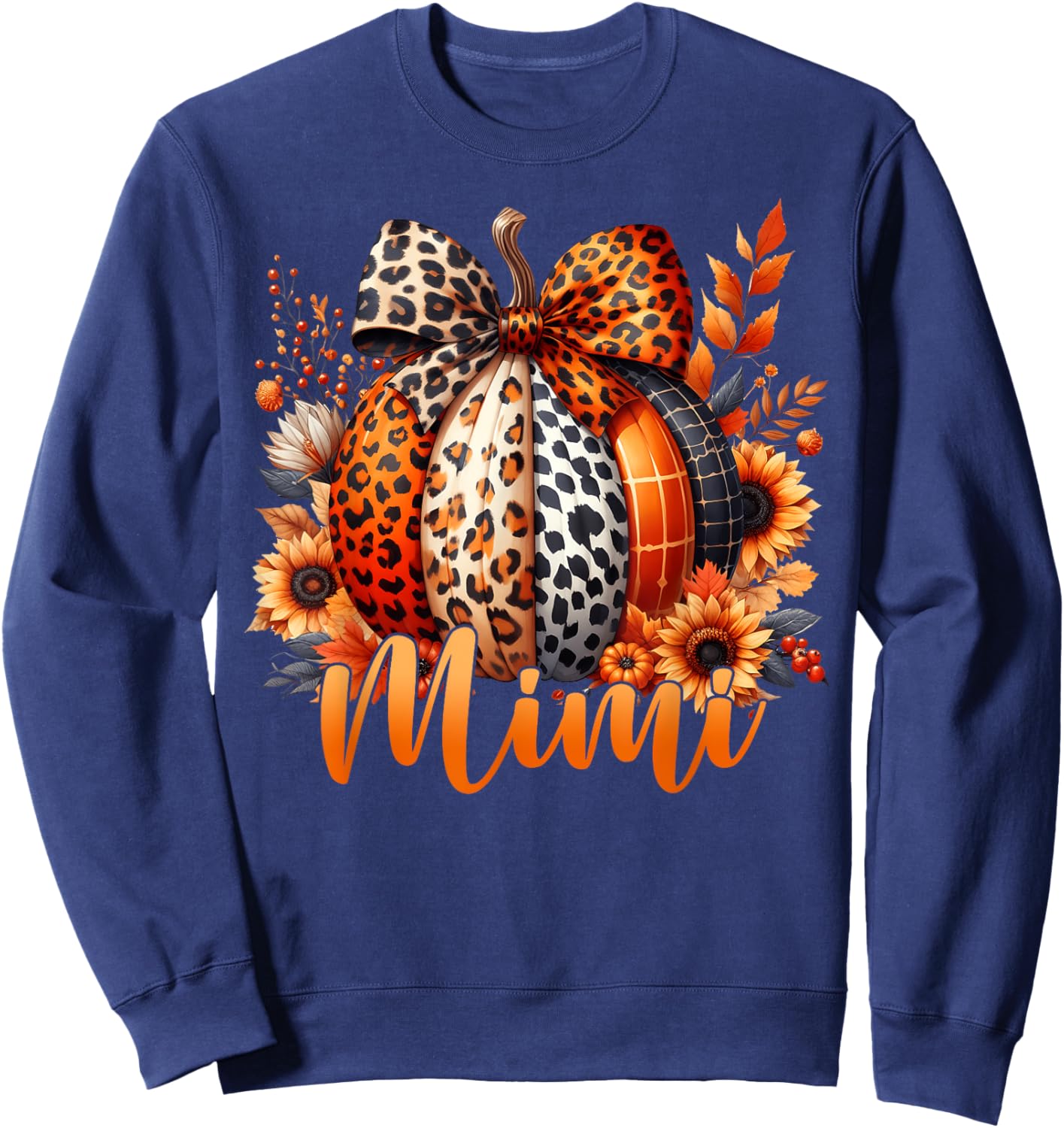 Mimi Thanksgiving Leopard Pumpkin Sunflower Coquette Bow Sweatshirt - Sweatshirt | Navy