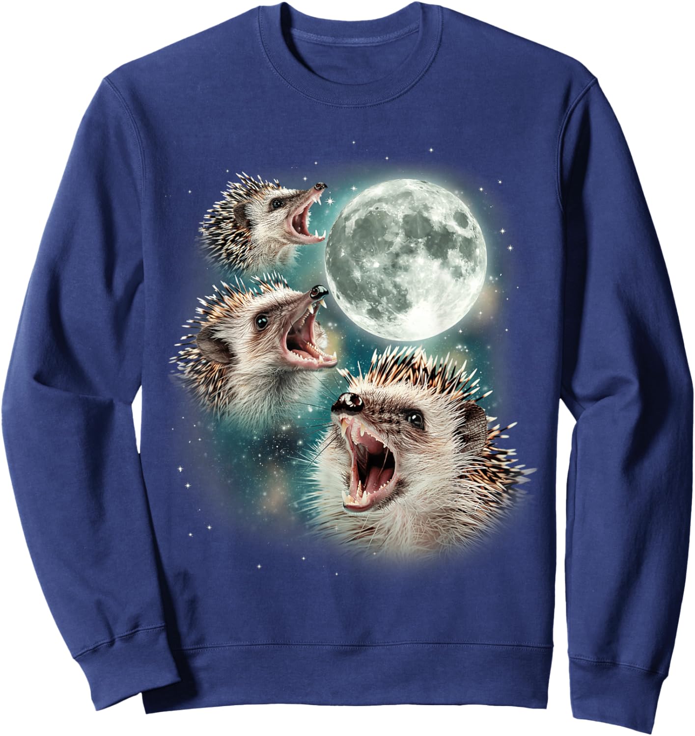 Three Hedgehog Moon | 3 Hedgies Funny Weird Cursed Meme Sweatshirt - Sweatshirt | Navy