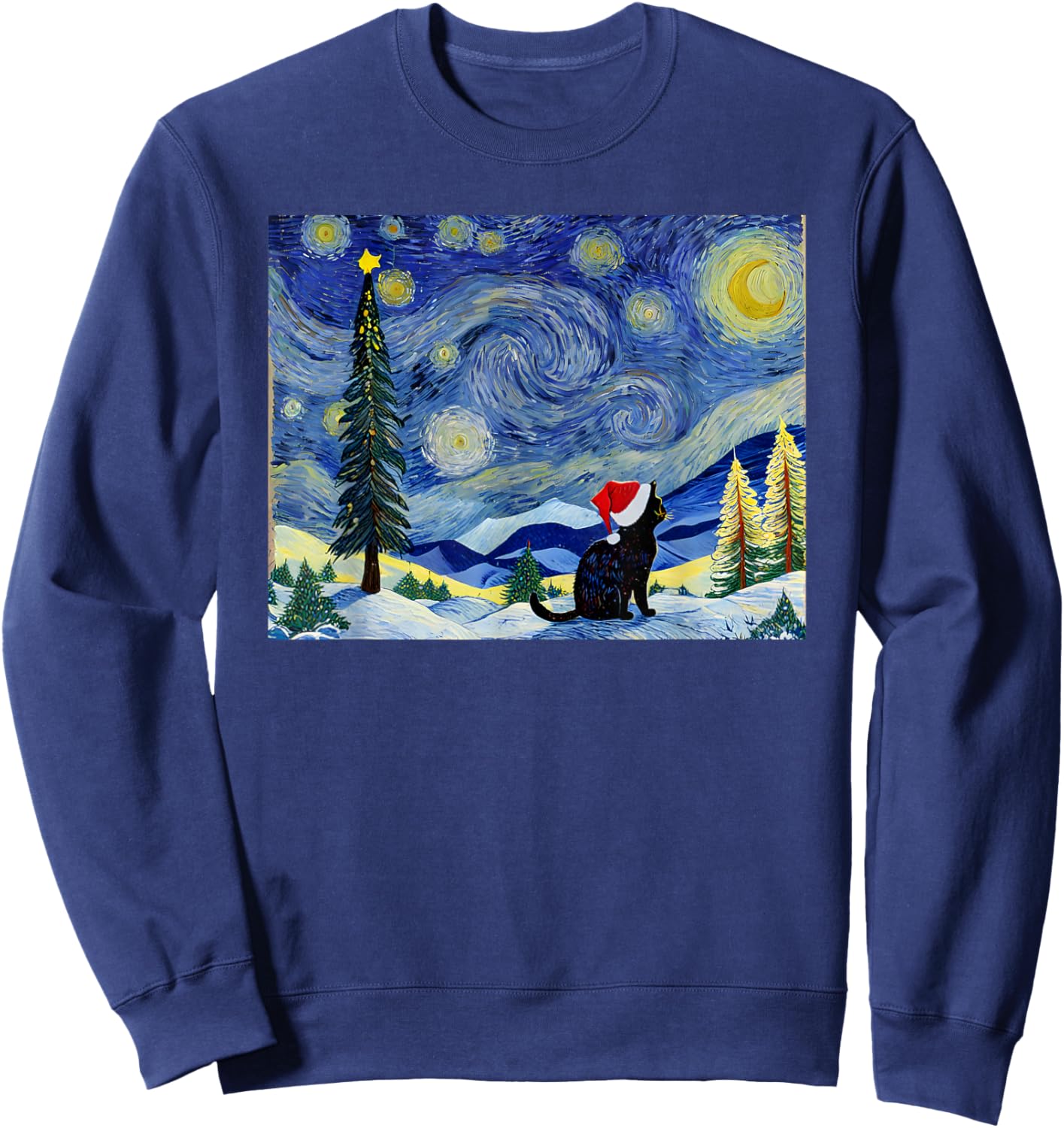 Cat Starry Night Van Gogh Christmas Black Cats Lover Women Kids Sweatshirt - Sweatshirt | Navy