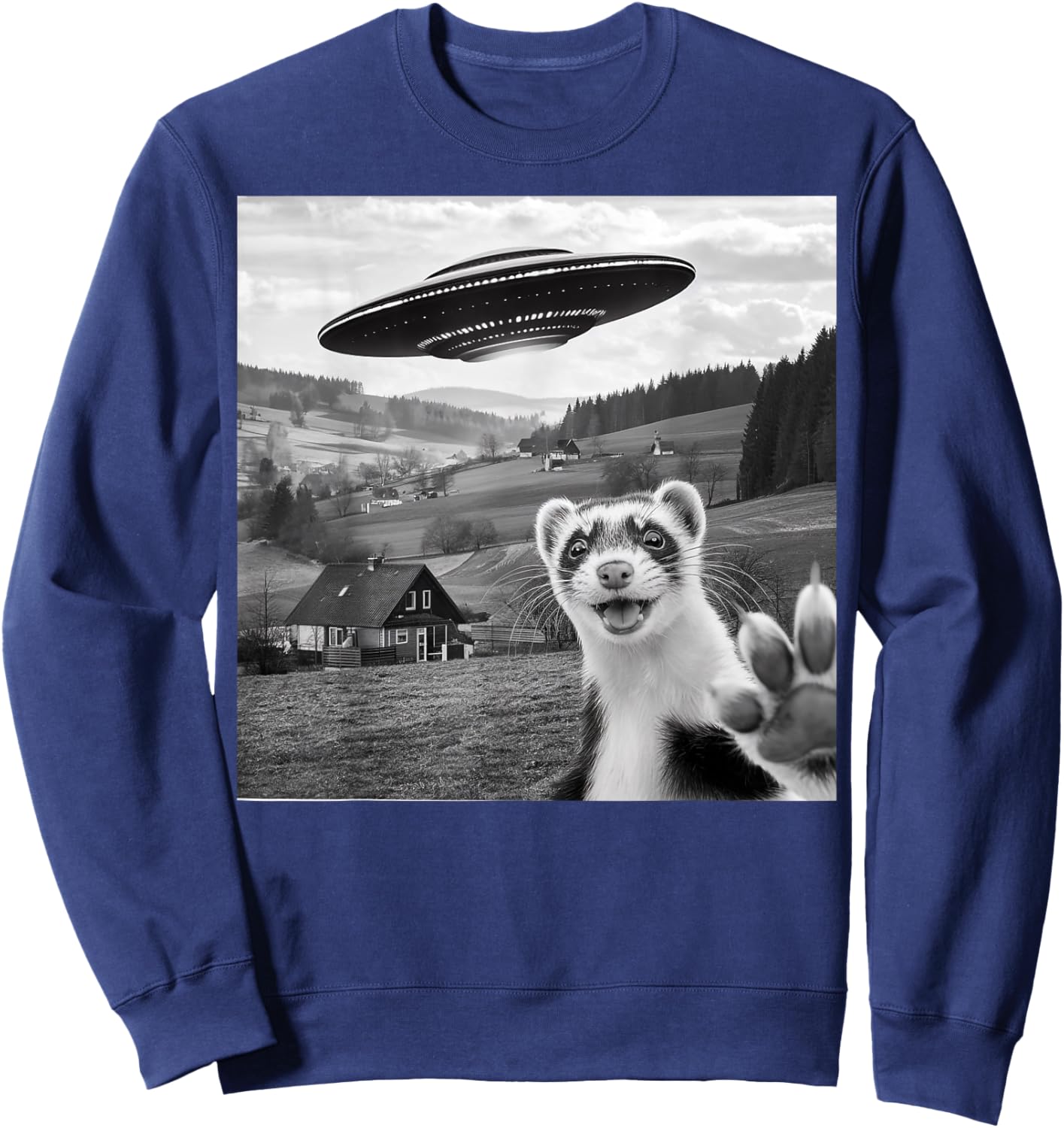 Ferret Selfie With Alien UFO Funny Gifts Women Kid Sweatshirt - Sweatshirt | Navy