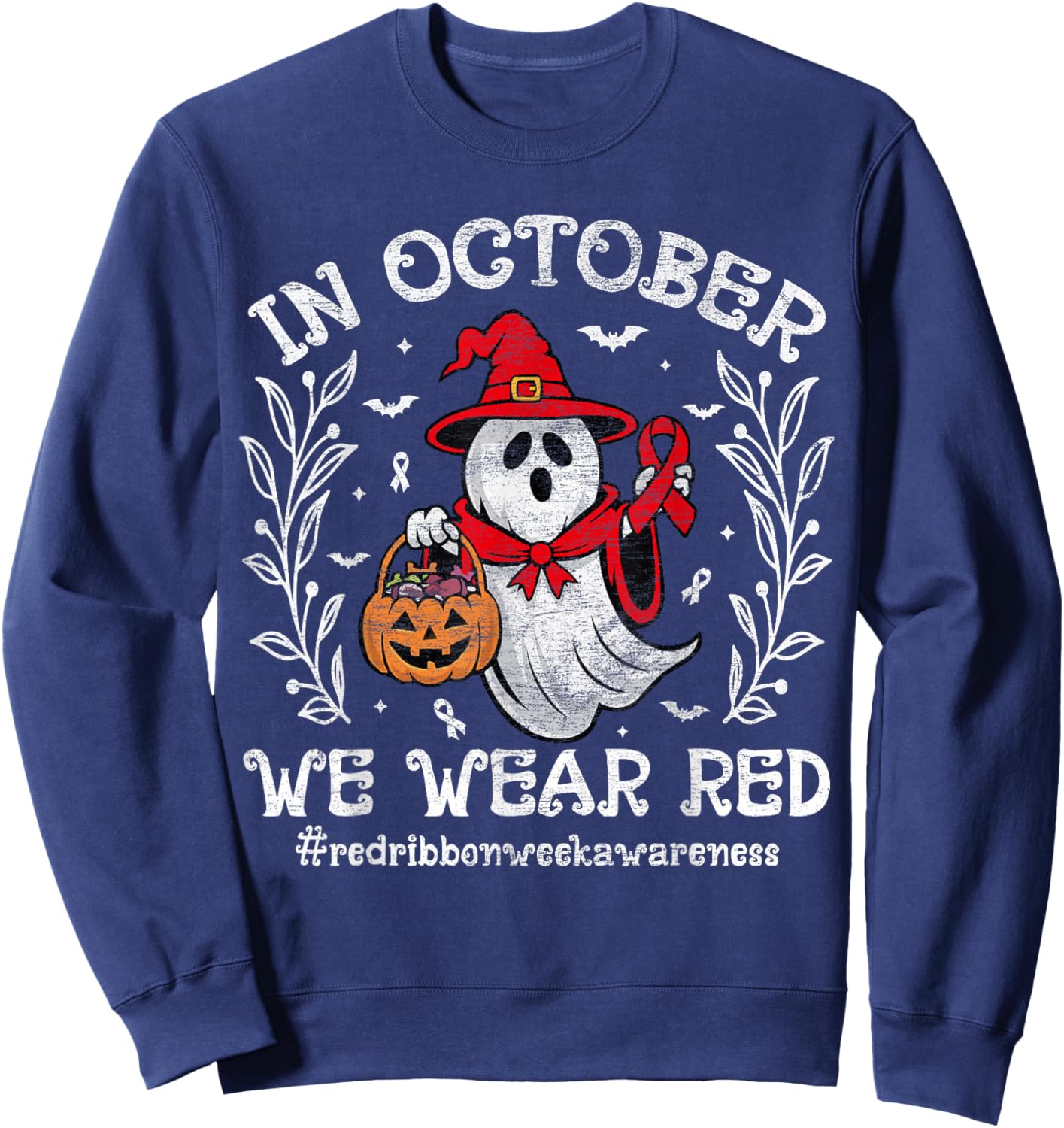 In October We Wear Red For Red Ribbon Week Awareness Ghost Sweatshirt - Sweatshirt | Navy