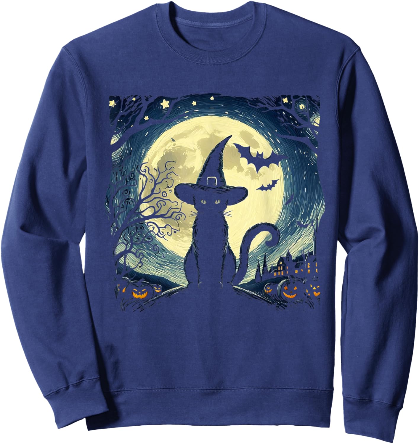 Vintage Scary halloween black cat Van gogh Starry Night Moon Women Kids Sweatshirt - Sweatshirt | Navy