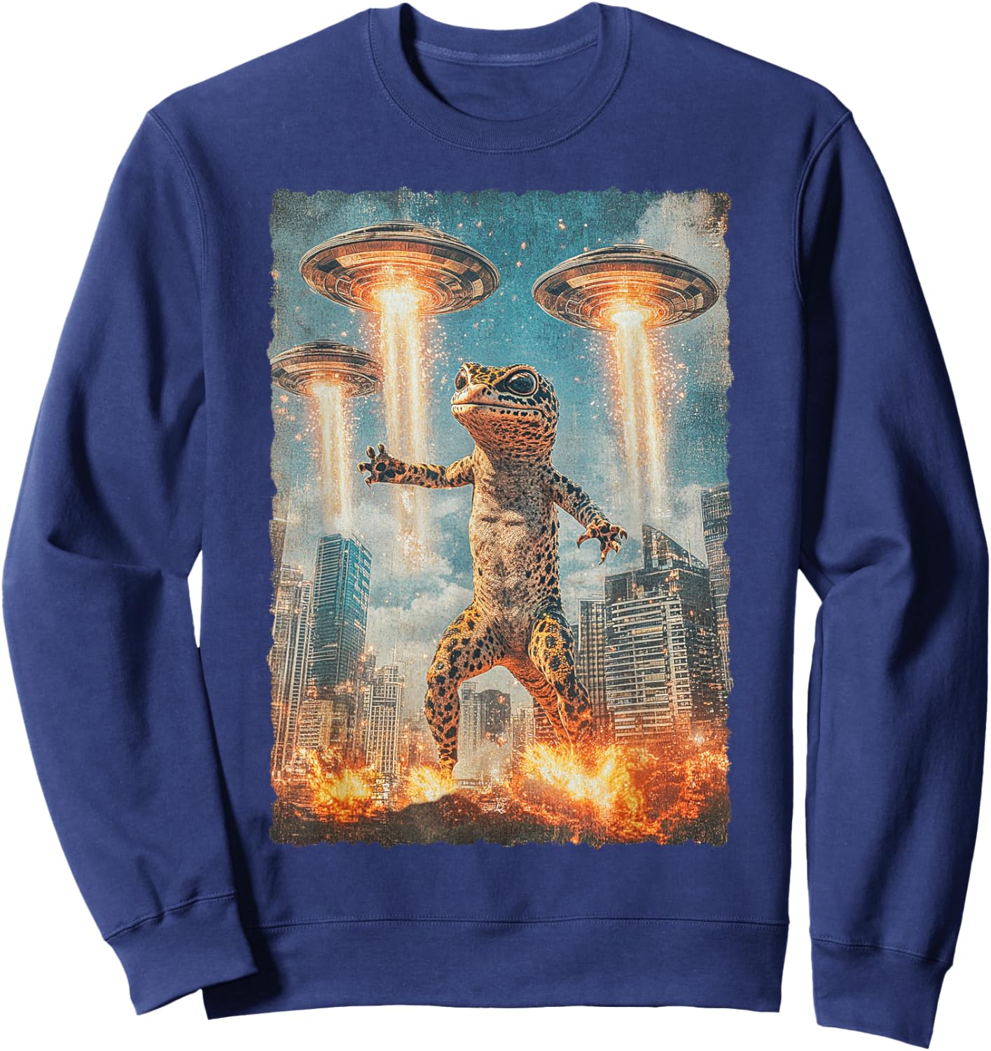 Japanese Anime Kaiju Monster Leopard Gecko Selfie Tokyo UFO Sweatshirt - Sweatshirt | Navy