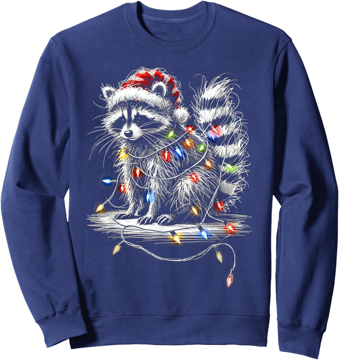 Funny Raccoon Santa Hat Christmas Tree Lights Pajama Sweatshirt - Sweatshirt | Navy