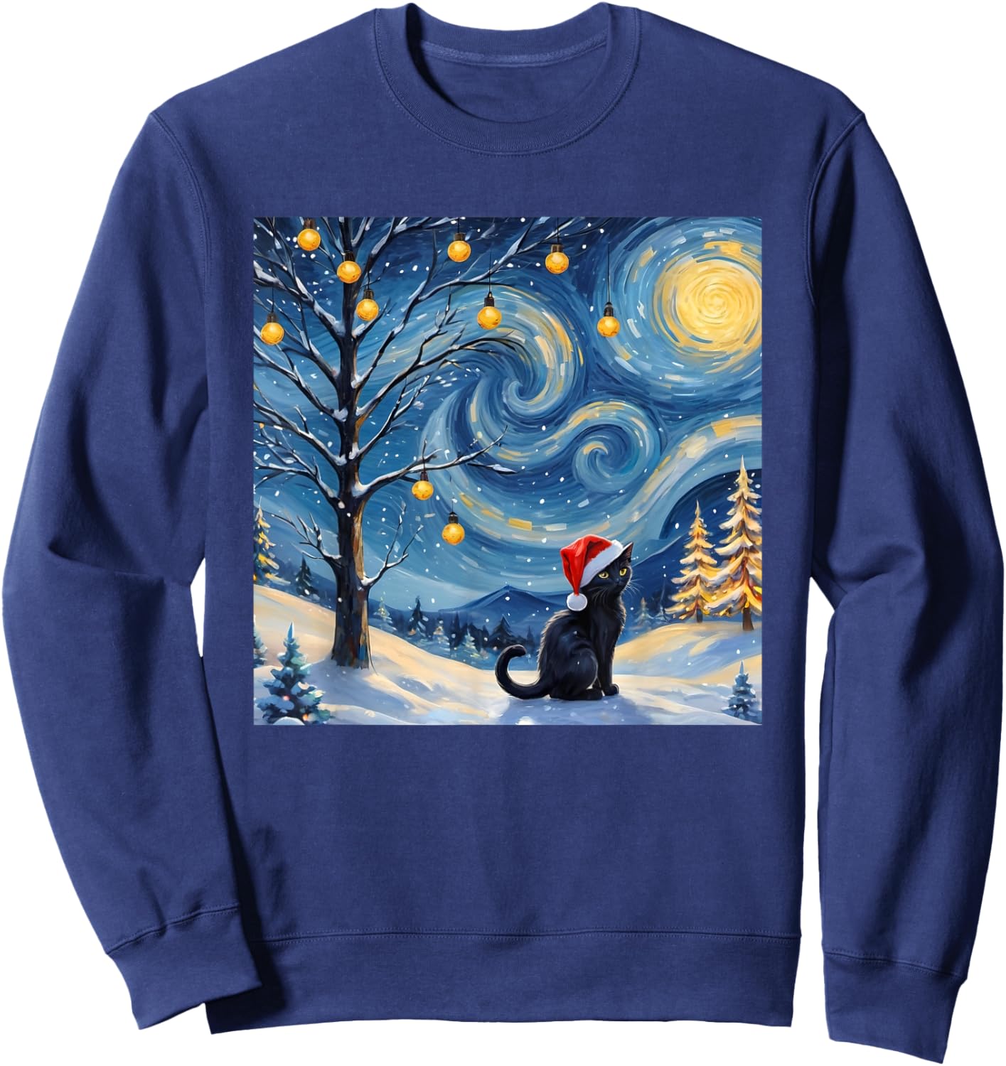 Christmas Van Gogh Starry Night Black Cat Santa Hat Vintage Women Kids Sweatshirt - Sweatshirt | Navy
