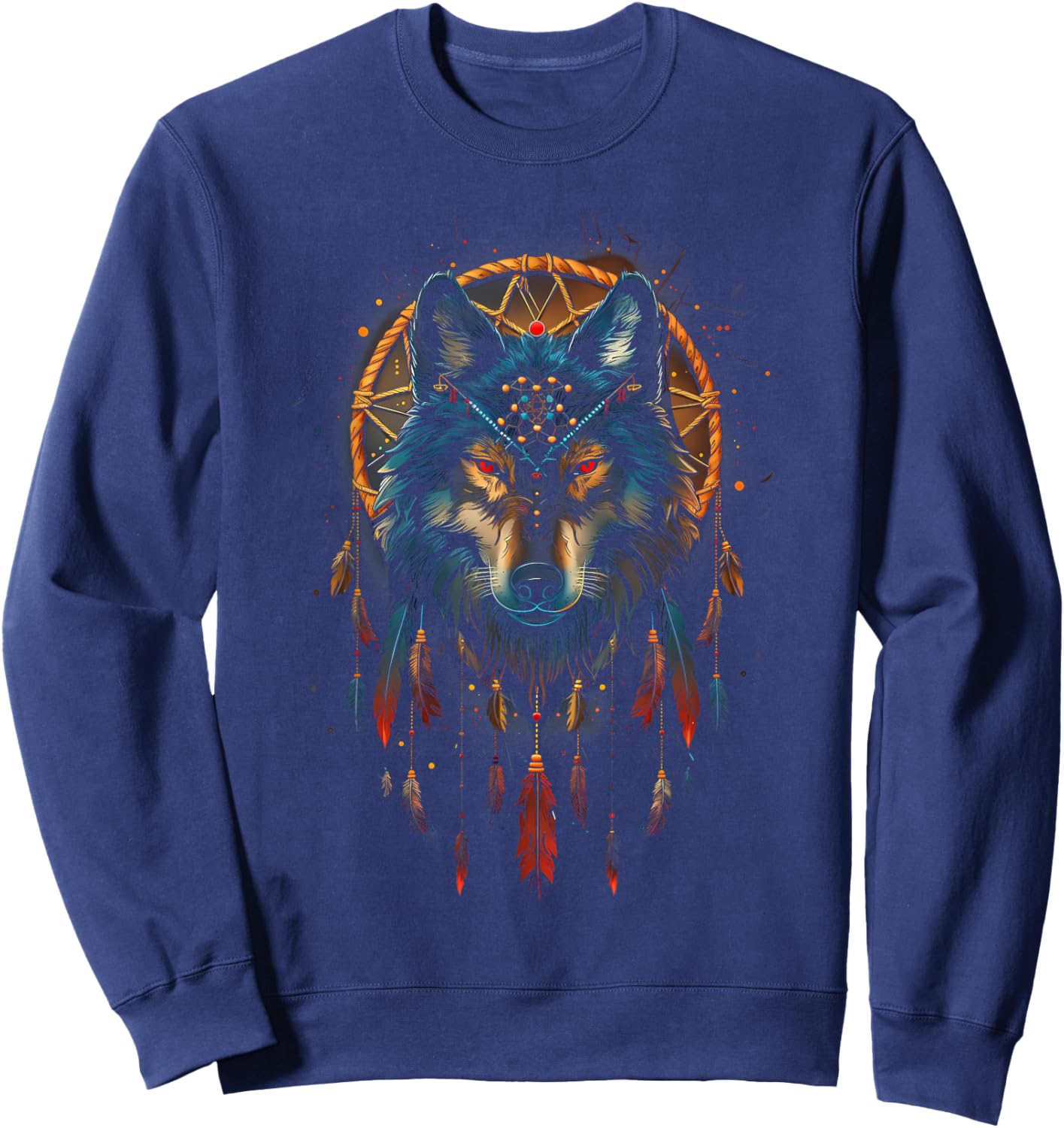 Colorful Mantra Spirit Animal Dreamcatcher Shop Wolf Dreamcatcher Native American Indian Feathers Arts -Adults Black Small Modern Tribal Boho Motif Round Collar Short Sleeve Sweatshirt - Sweatshirt | Navy