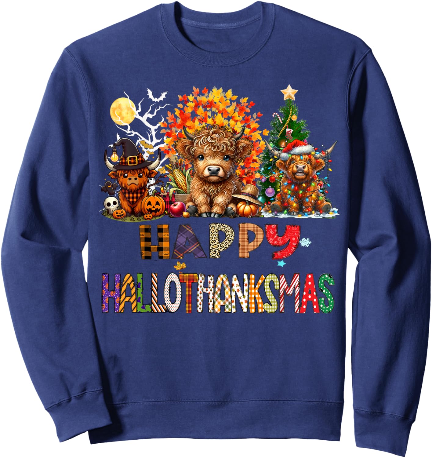 Happy Halloween Thanksgiving Christmas Highland Cow Holiday Sweatshirt - Sweatshirt | Navy
