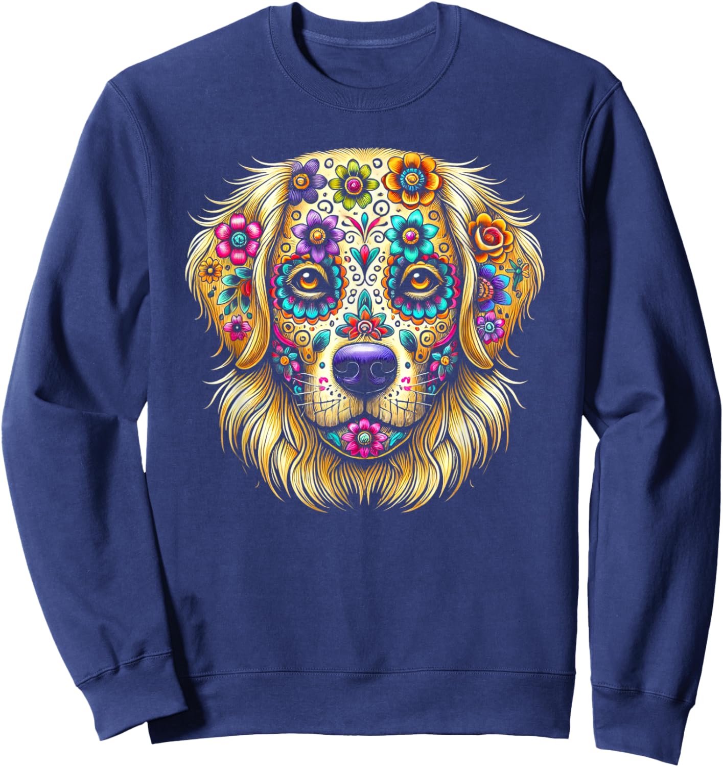 Golden Retriever Day of the Dead Halloween Sugar Skull Dog Men Women Kids Sweatshirt - Sweatshirt | Navy