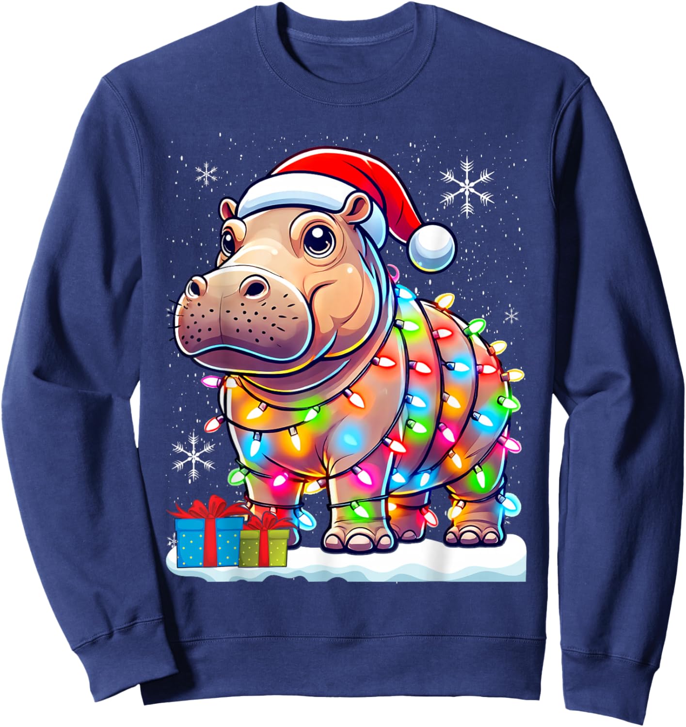 Hippo Lover Gift Co. Christmas Lights Fiona -Adults & Kids , Black, Small, Short Sleeve Sweatshirt - Sweatshirt | Navy