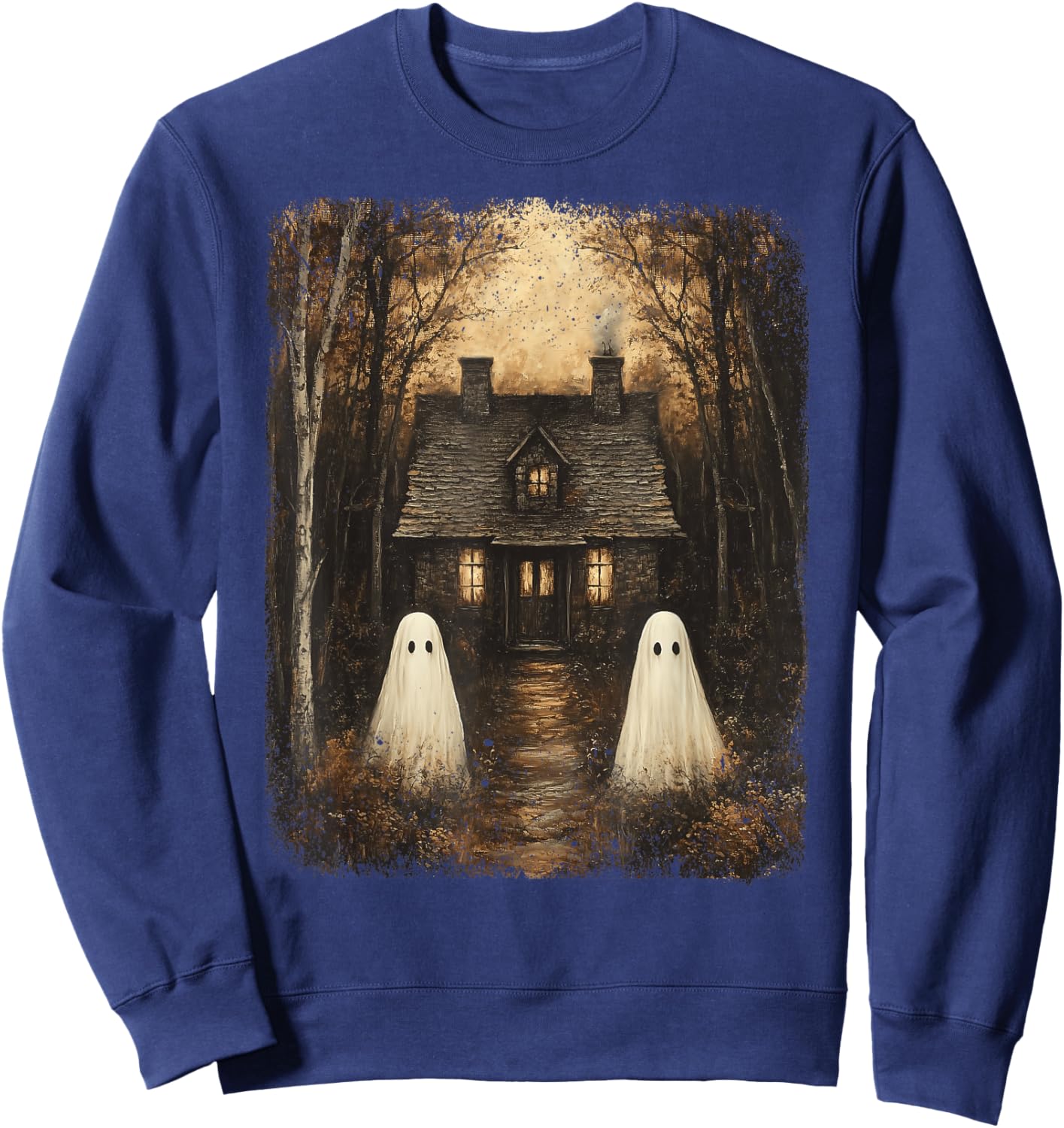 Vintage Haunted House Halloween Spooky Ghost Gothic Forest Sweatshirt - Sweatshirt | Navy
