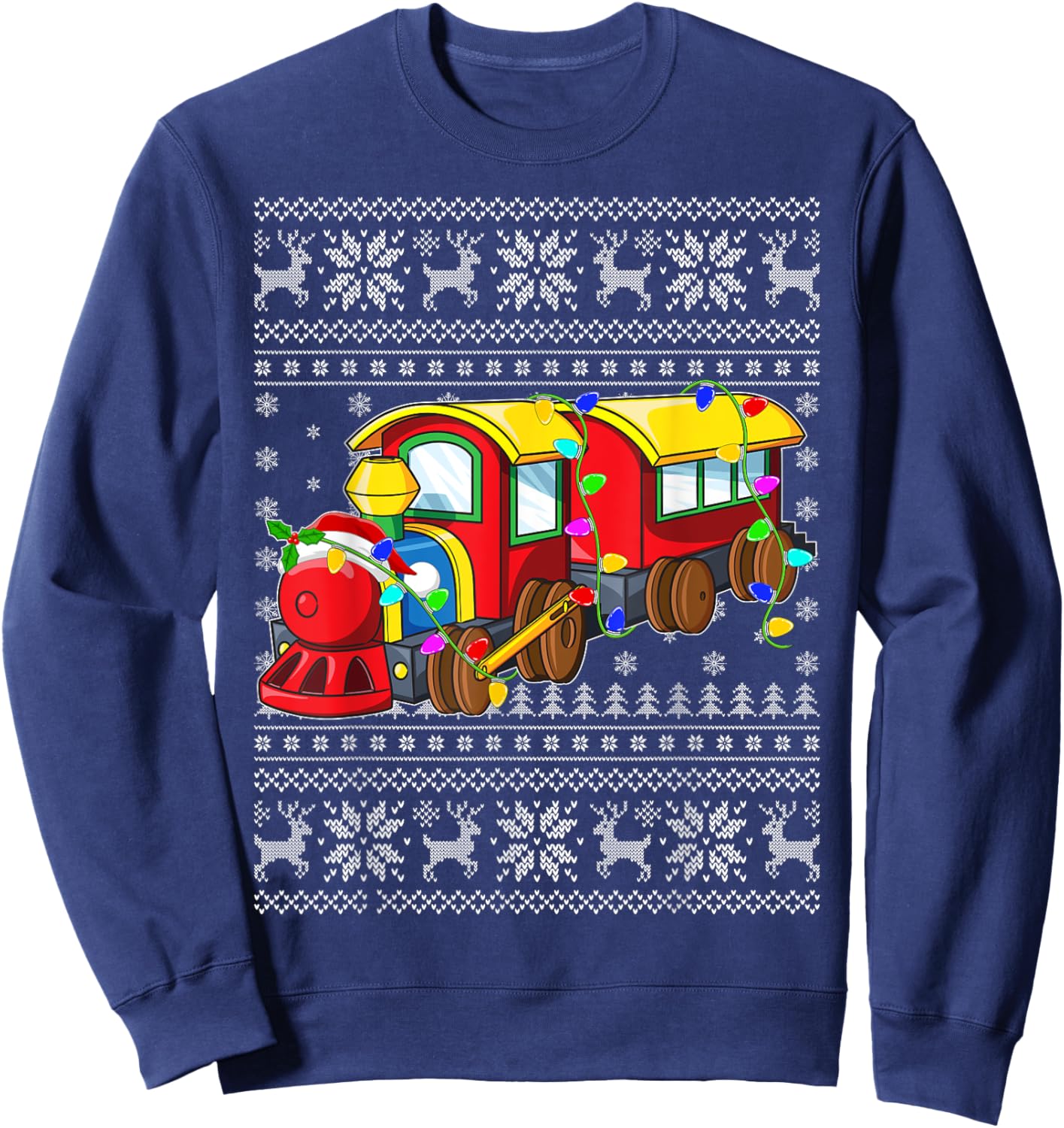 Ugly Sweater Xmas Lights Santa Hat Train Christmas Sweatshirt - Sweatshirt | Navy