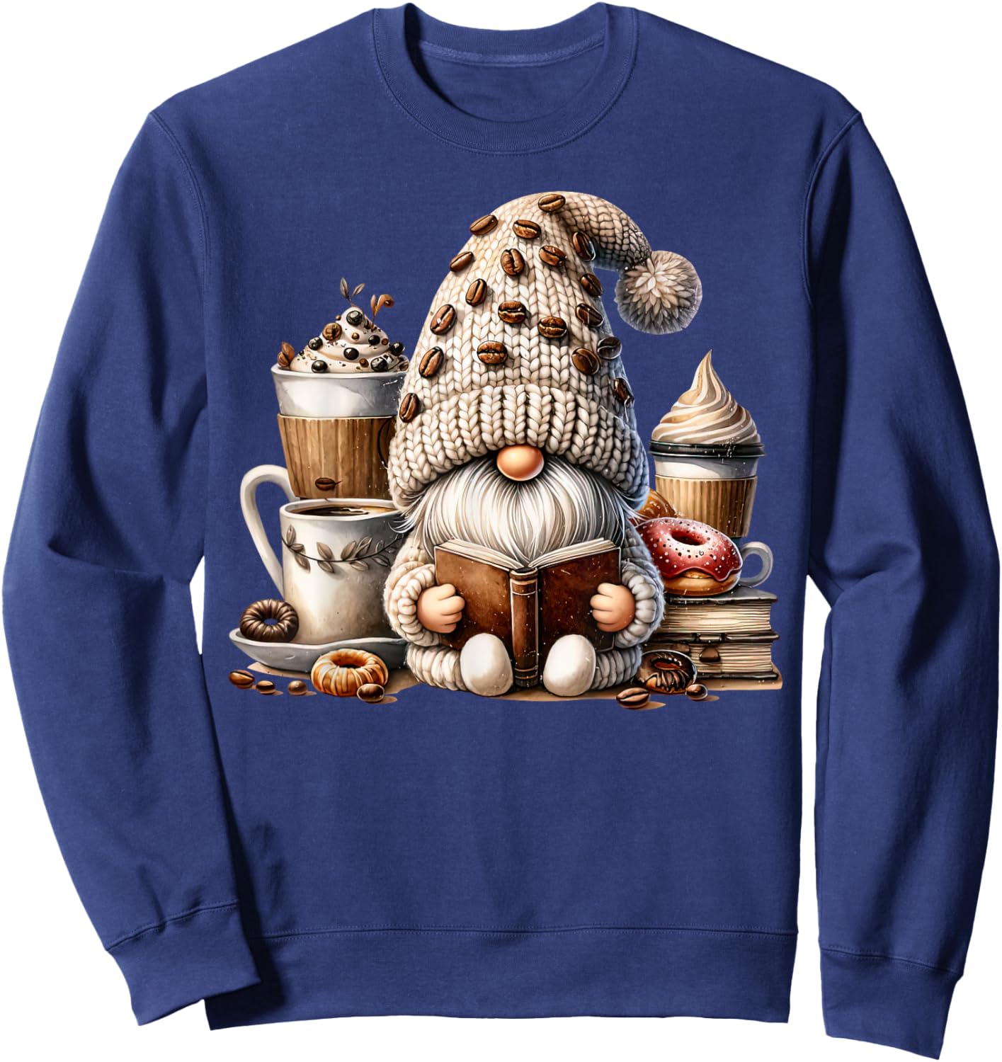 Vintage Cute Gnome Reading Book Coffee Latte Men Women Kids Sweatshirt - Sweatshirt | Navy