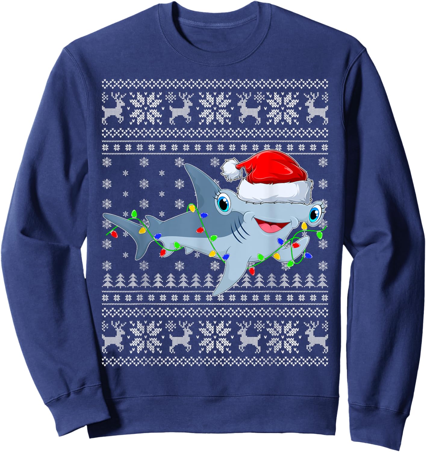 Ugly Sweater Xmas Lights Santa Hammerhead Shark Christmas Sweatshirt - Sweatshirt | Navy