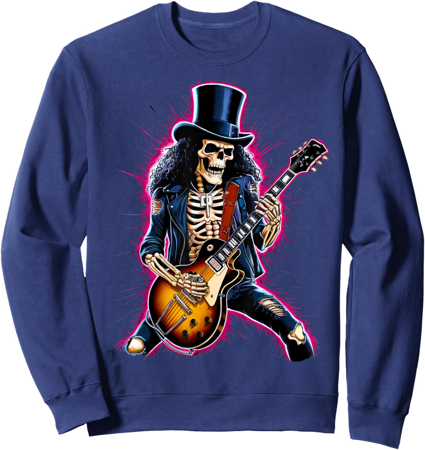Skeleton Playing Guitar Rock & Roll Band 80s 90s Concert Sweatshirt - Sweatshirt | Navy
