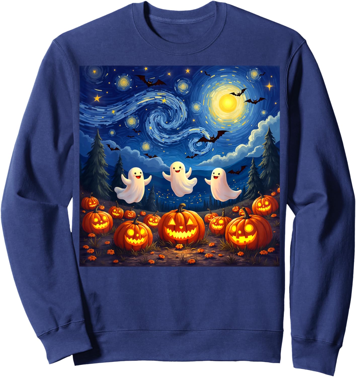 boo ghost halloween pumpkin Starry Night Van Gogh men women Sweatshirt - Sweatshirt | Navy