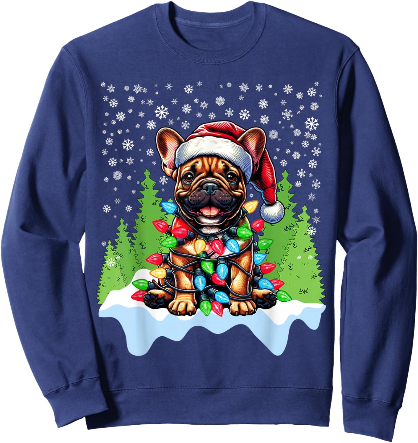 French Bulldog Christmas Santa Hat Lights Tree Snowflakes Sweatshirt - Sweatshirt | Navy