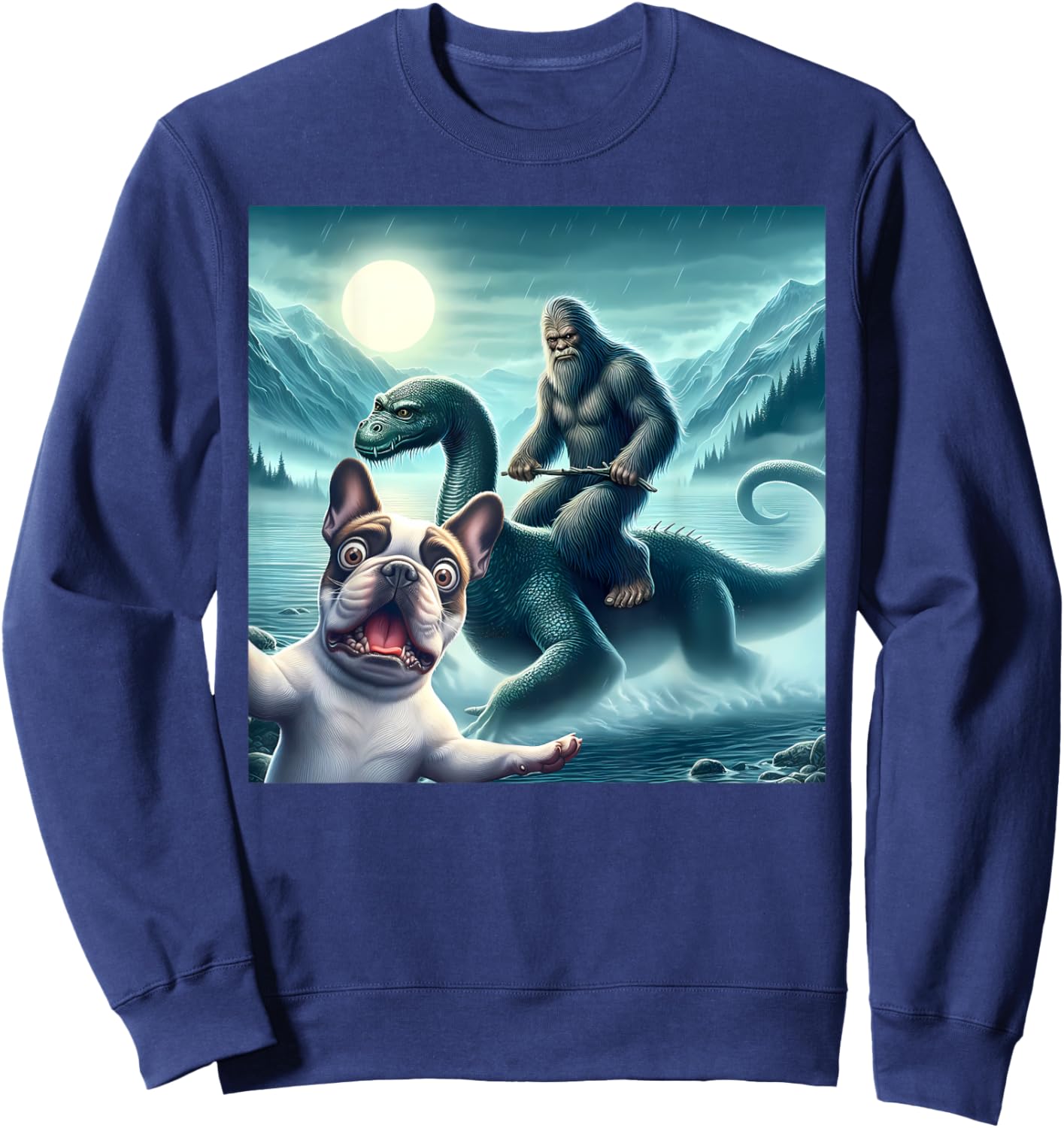 French bulldog Selfie with bigfoot riding loch Ness Sweatshirt - Sweatshirt | Navy