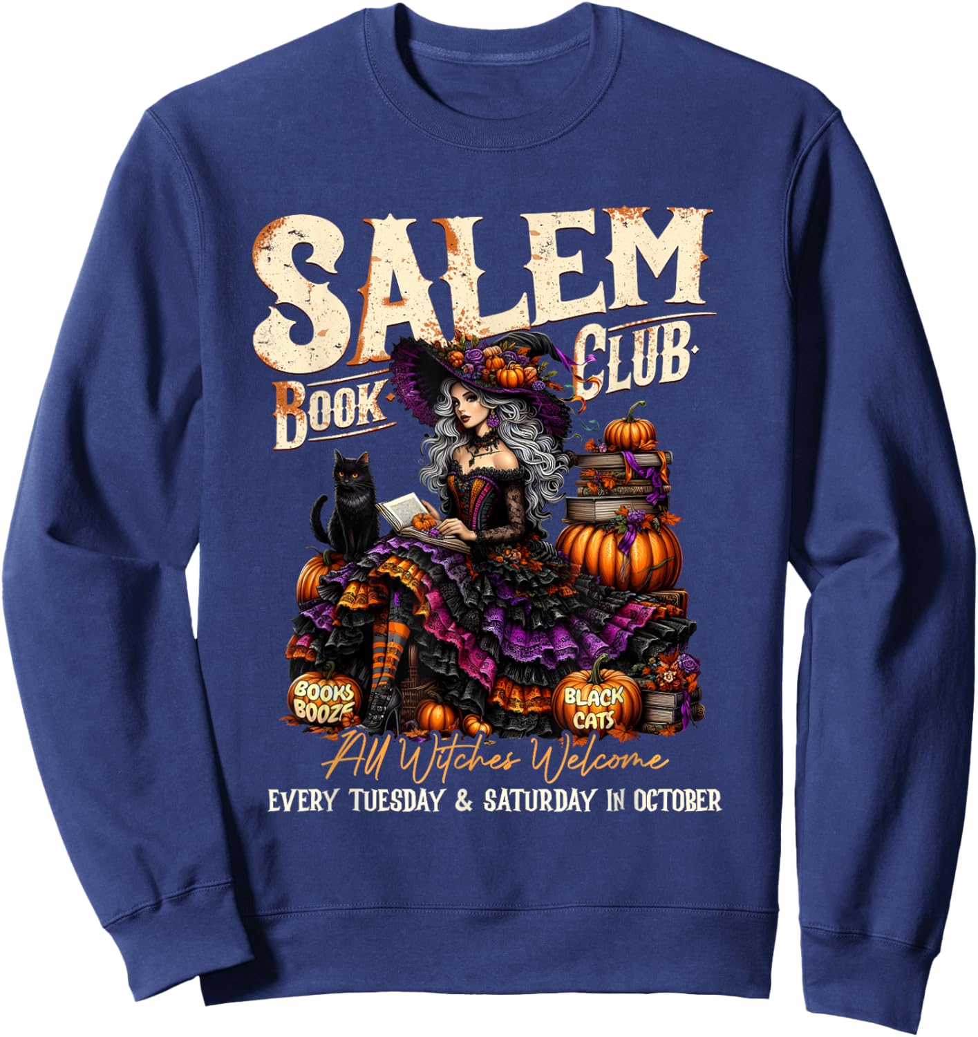 Salem Book Club Witches Welcome Books Black Cats Sweatshirt - Sweatshirt | Navy