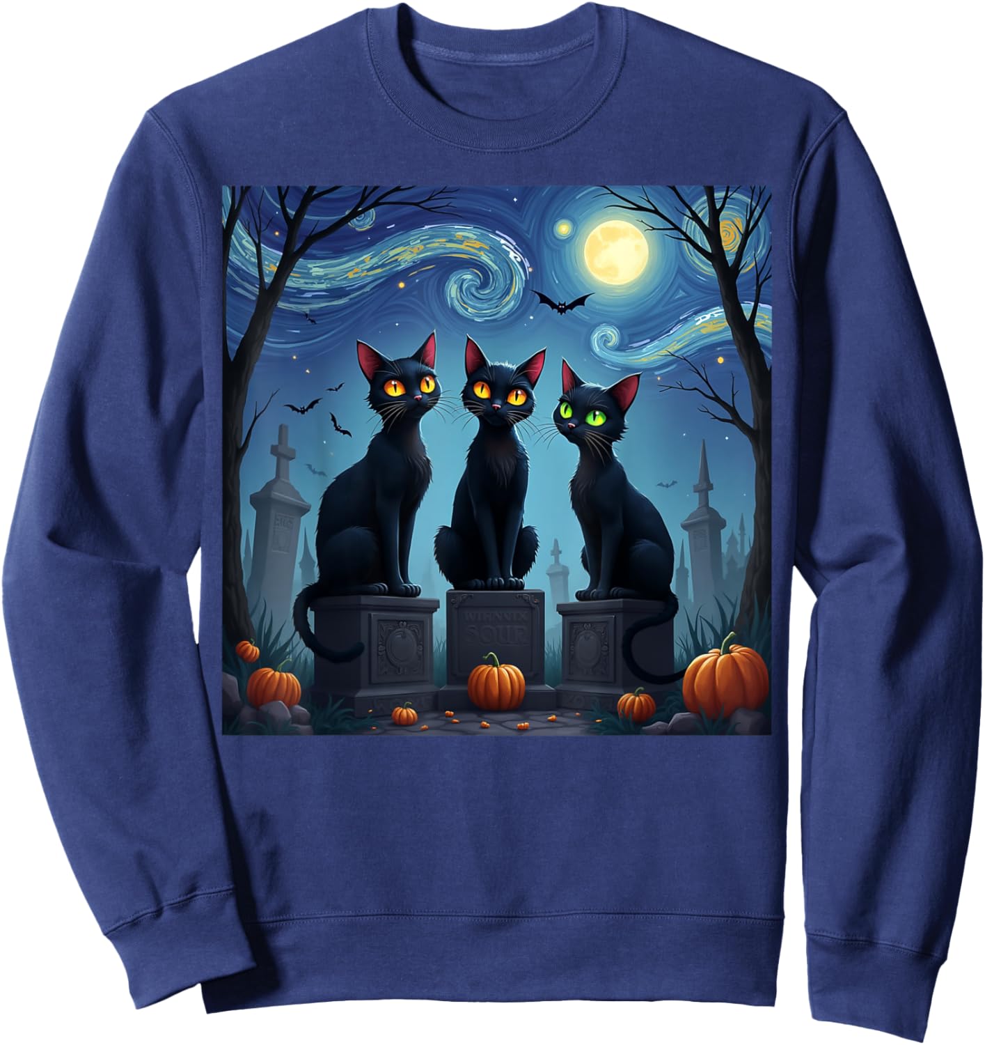 Black Cat Halloween Cat Lovers Starry Night Cat Van Gogh men Sweatshirt - Sweatshirt | Navy