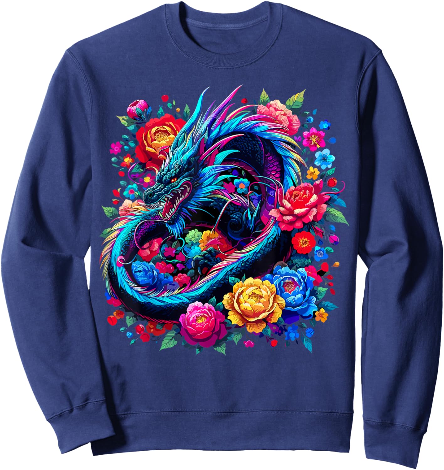 Colorful Dragon Flowers Sweatshirt - Sweatshirt | Navy
