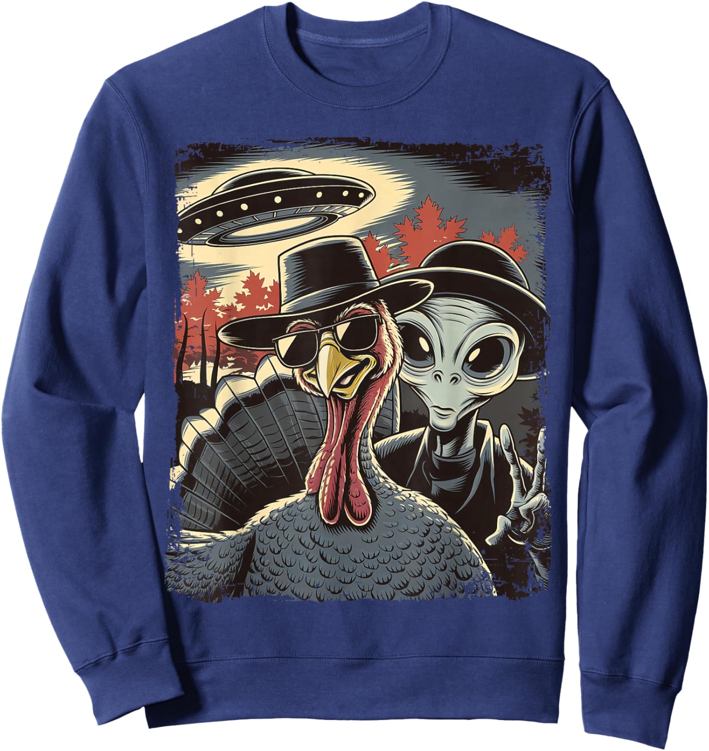 Alien Selfie With Turkey Thanksgiving Funny Photo UFO Sweatshirt - Sweatshirt | Navy