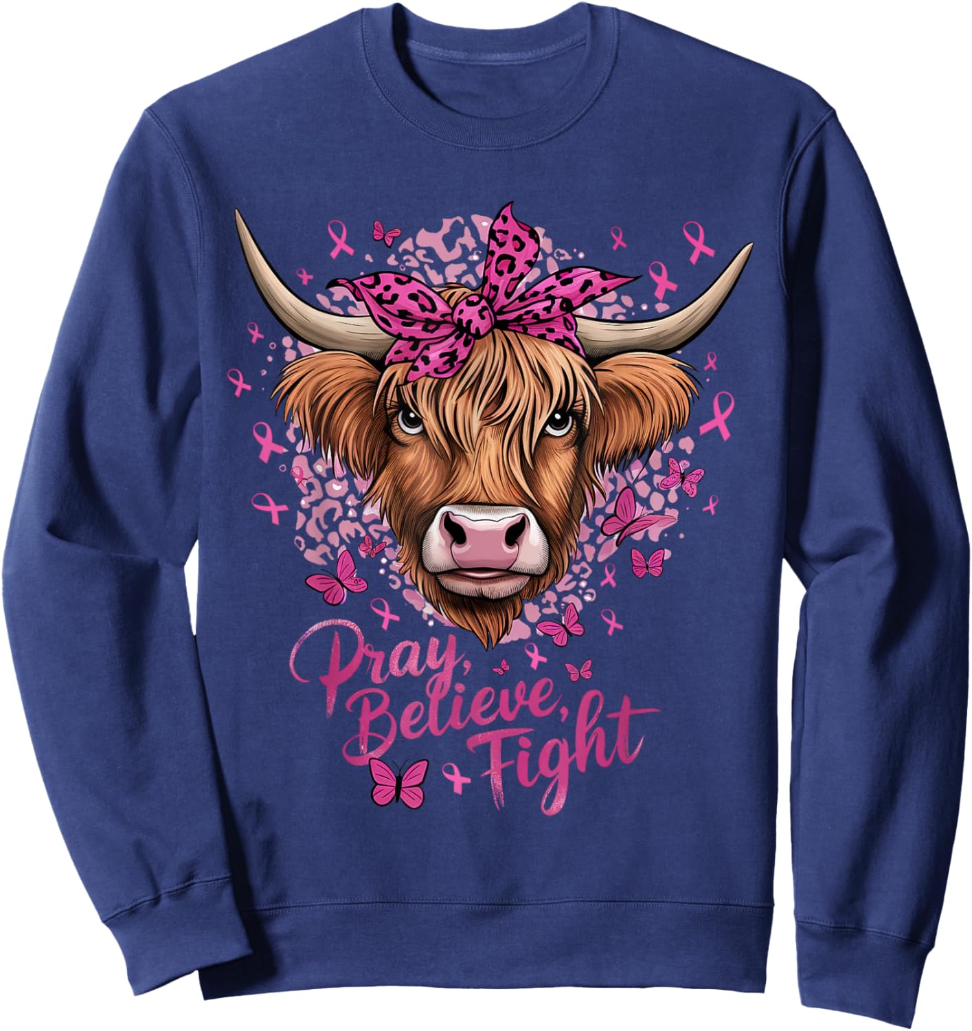 Highland Cow Pink Ribbon Breast Cancer Awareness Sweatshirt - Sweatshirt | Navy