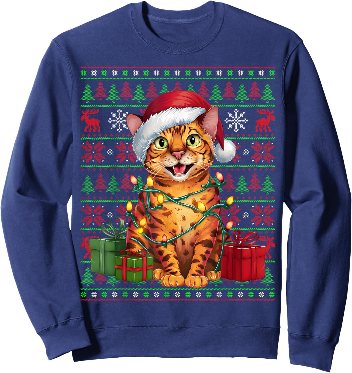 Bengal Cat Xmas Lights Ugly Santa Hat Bengal Cat Christmas Men Women Kids Sweatshirt - Sweatshirt | Navy
