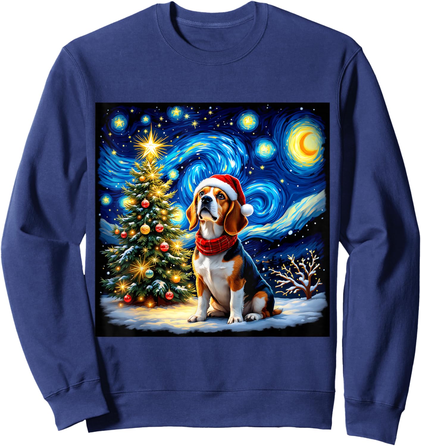 Beagle Starry Night Christmas Van Gogh Dog Santa Hat Holiday Sweatshirt - Sweatshirt | Navy
