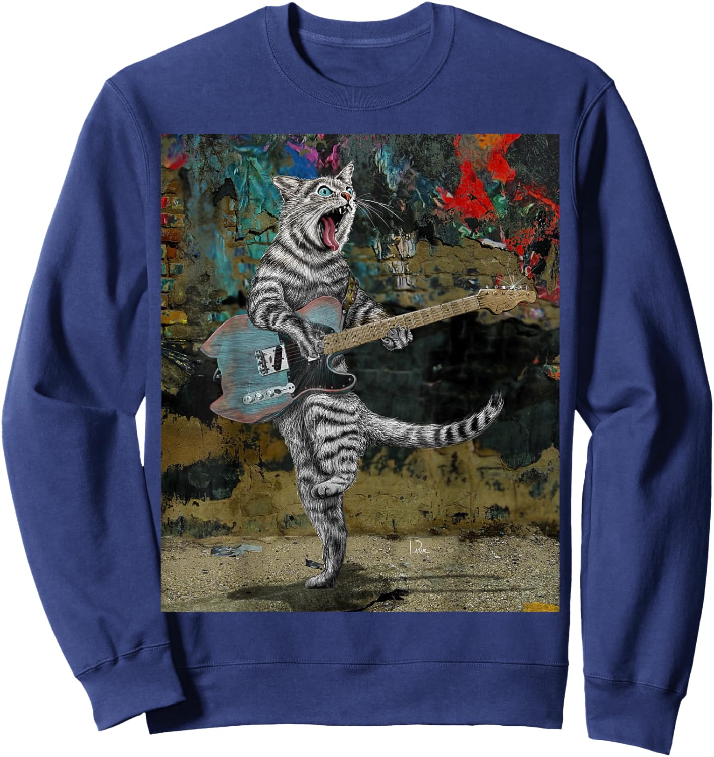 Cat Guitar Buskers Electric Guitar Player Funny Cute Kitty Sweatshirt - Sweatshirt | Navy