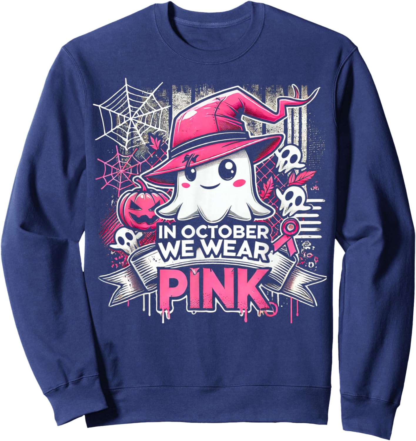 October We Wear Pink Ghost Witch Halloween Sweatshirt - Sweatshirt | Navy