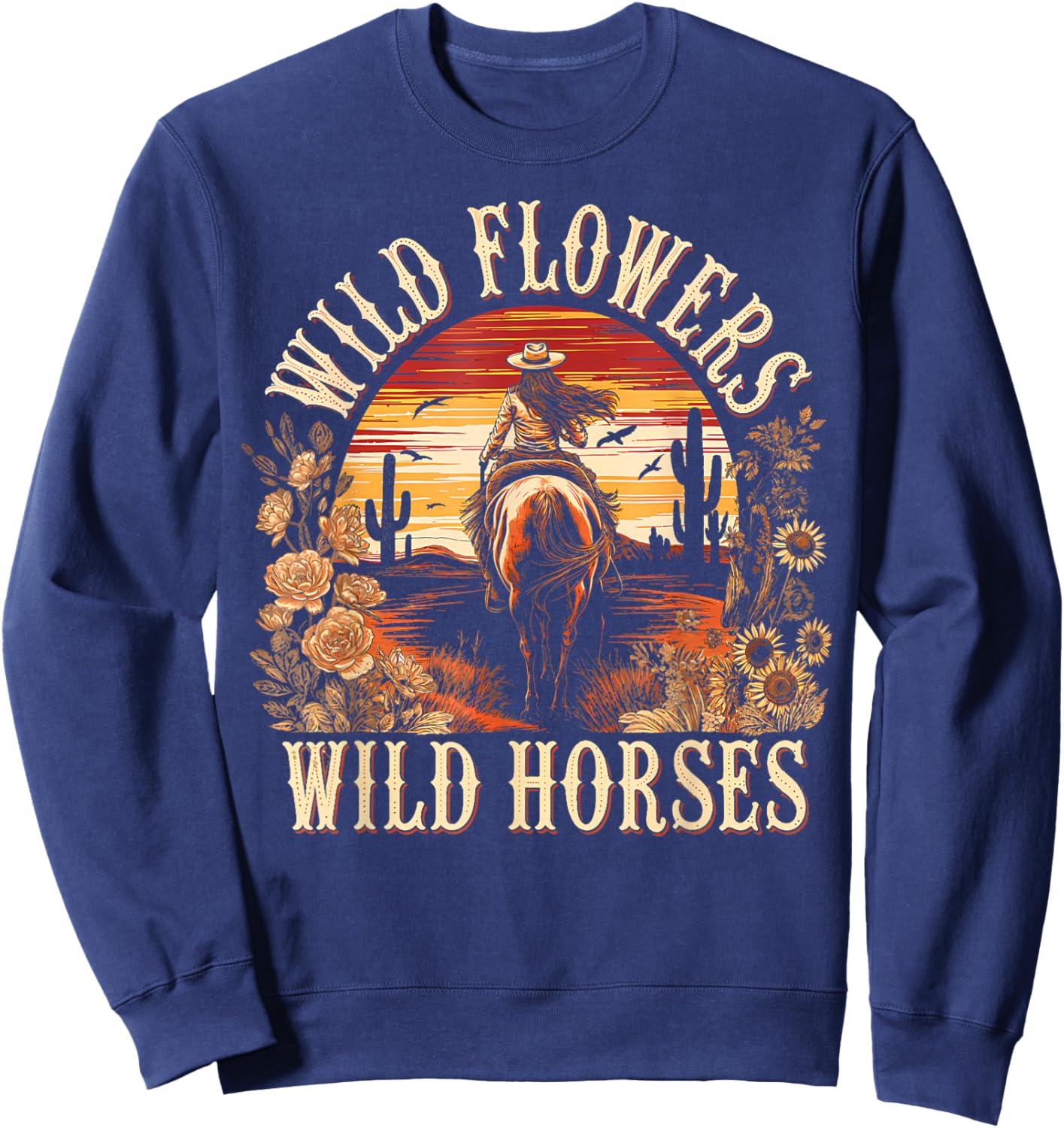 Vintage Flowers Horses Cowgirl Western Sunset Riding Horse Sweatshirt - Sweatshirt | Navy
