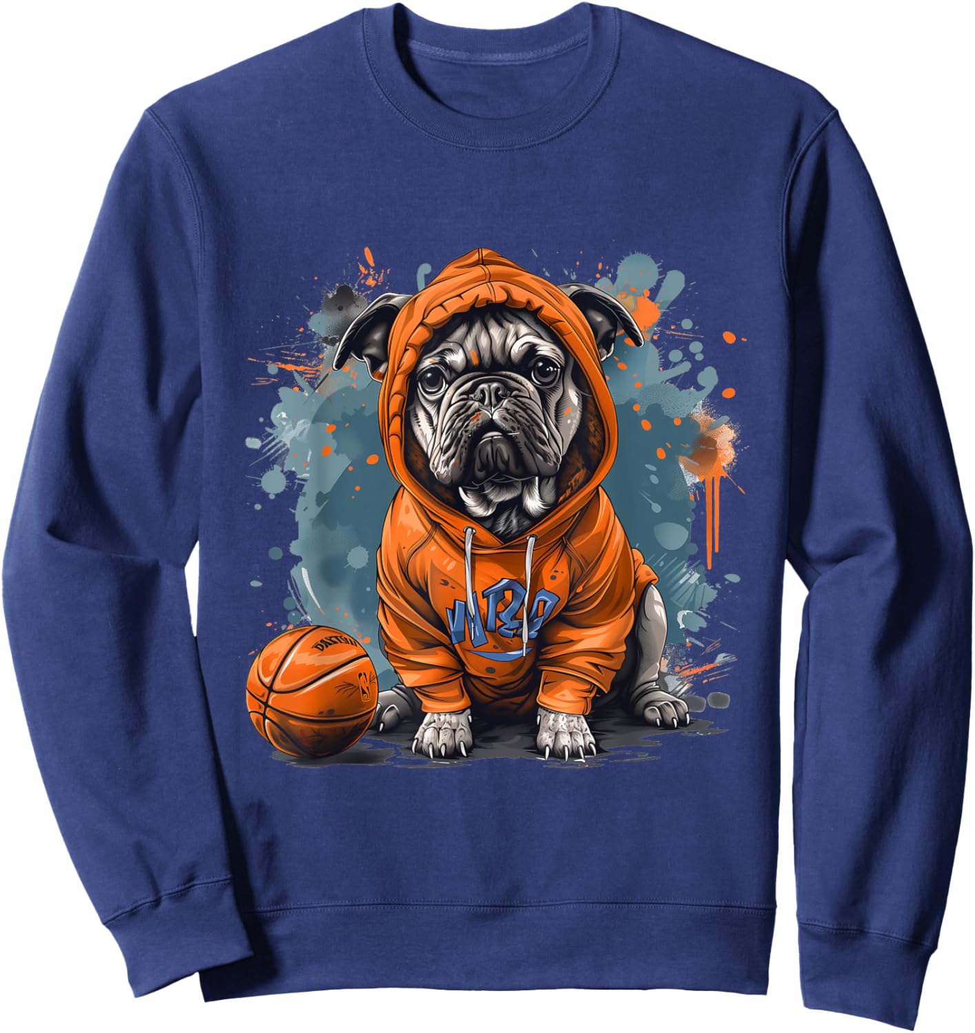 Cute French Bulldog Basketball Cool Dog Sports Orange Blue Sweatshirt - Sweatshirt | Navy