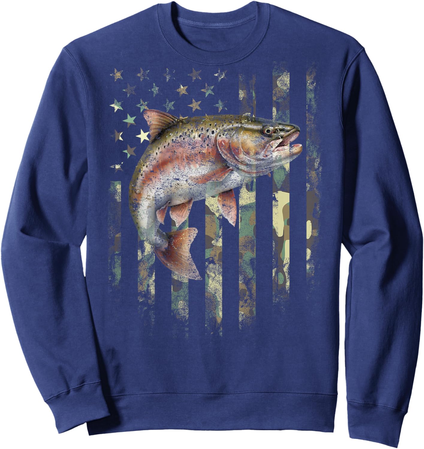 (Art on Back) Camo American Flag Trout Fish Fishing Sweatshirt - Sweatshirt | Navy