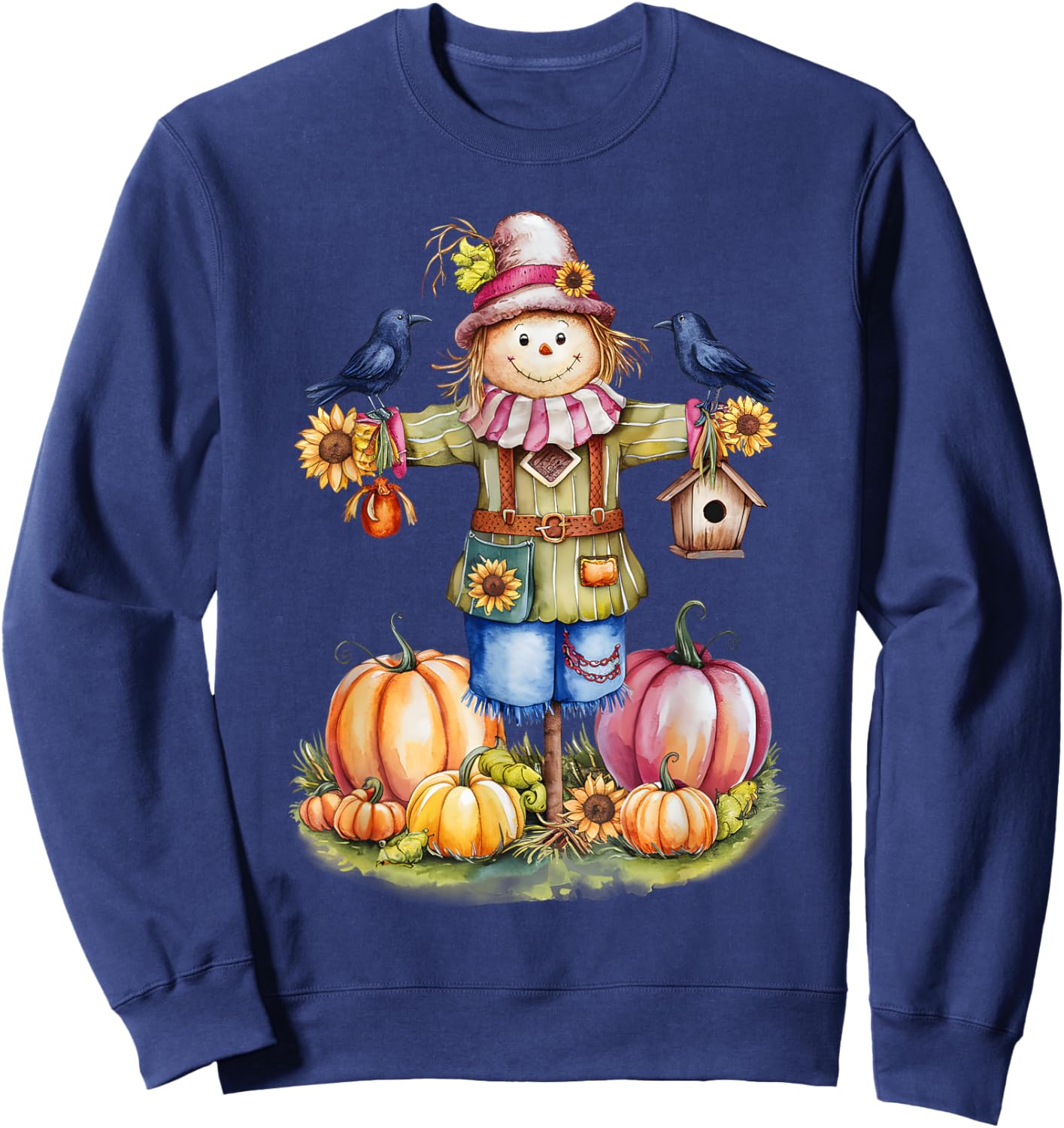Scarecrow In Pumpkin Garden Hello Fall Autumn Falling Leaves Sweatshirt - Sweatshirt | Navy