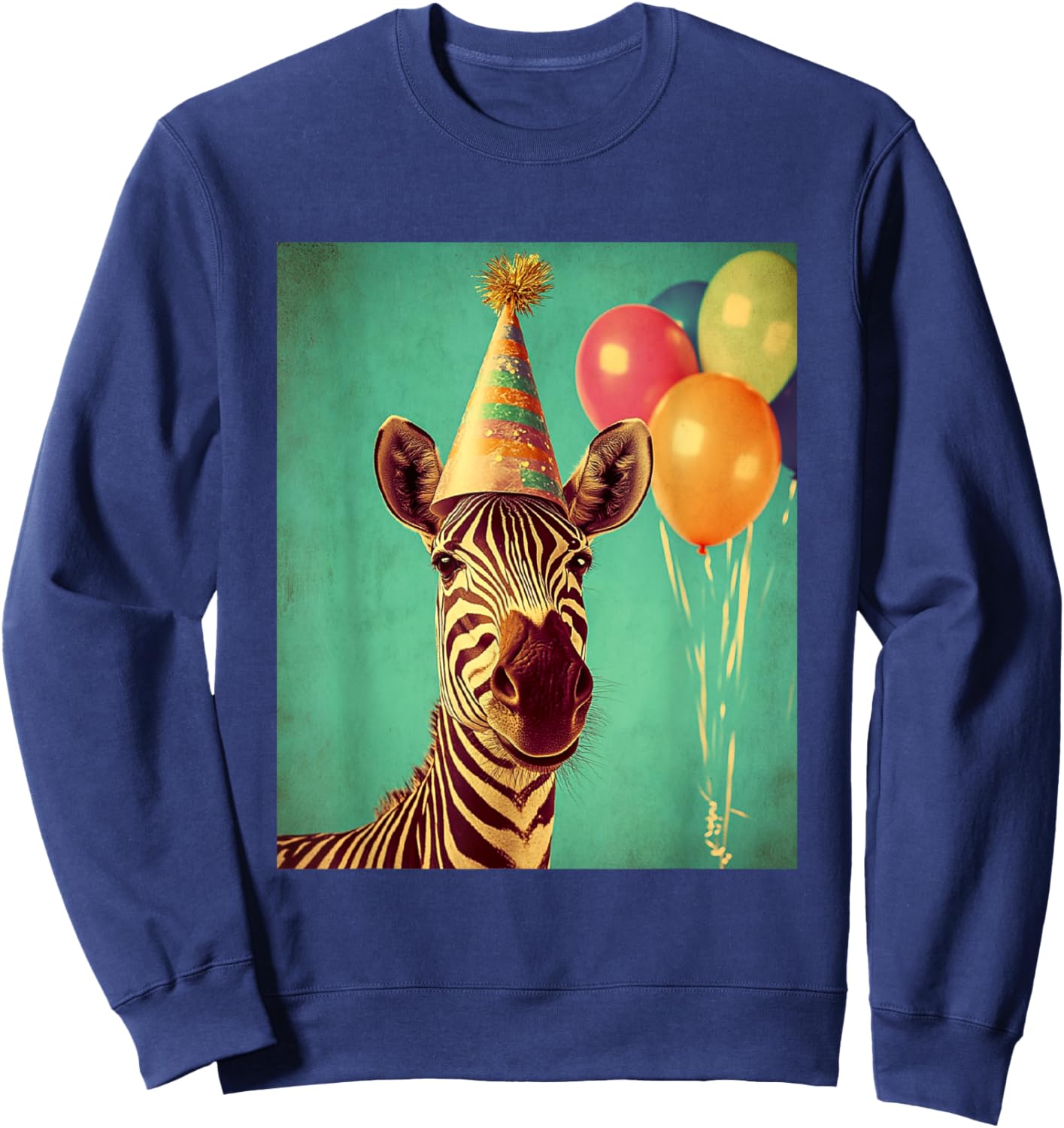 Zebra Retro Art Print Birthday Party Balloons & Party Hat Sweatshirt - Sweatshirt | Navy