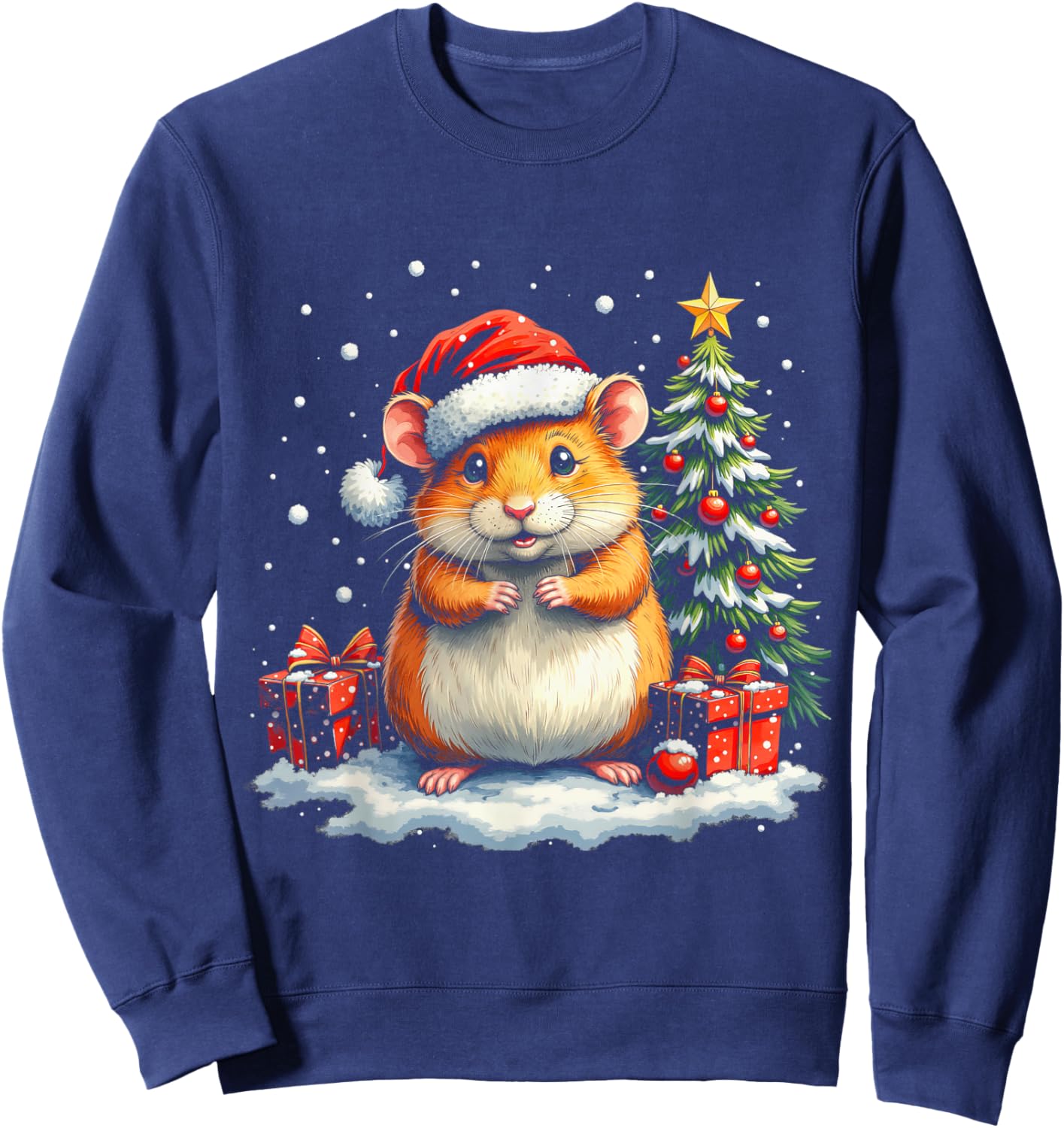 Cute Hamster with Santa Hat and Snow Holiday Christmas Sweatshirt - Sweatshirt | Navy