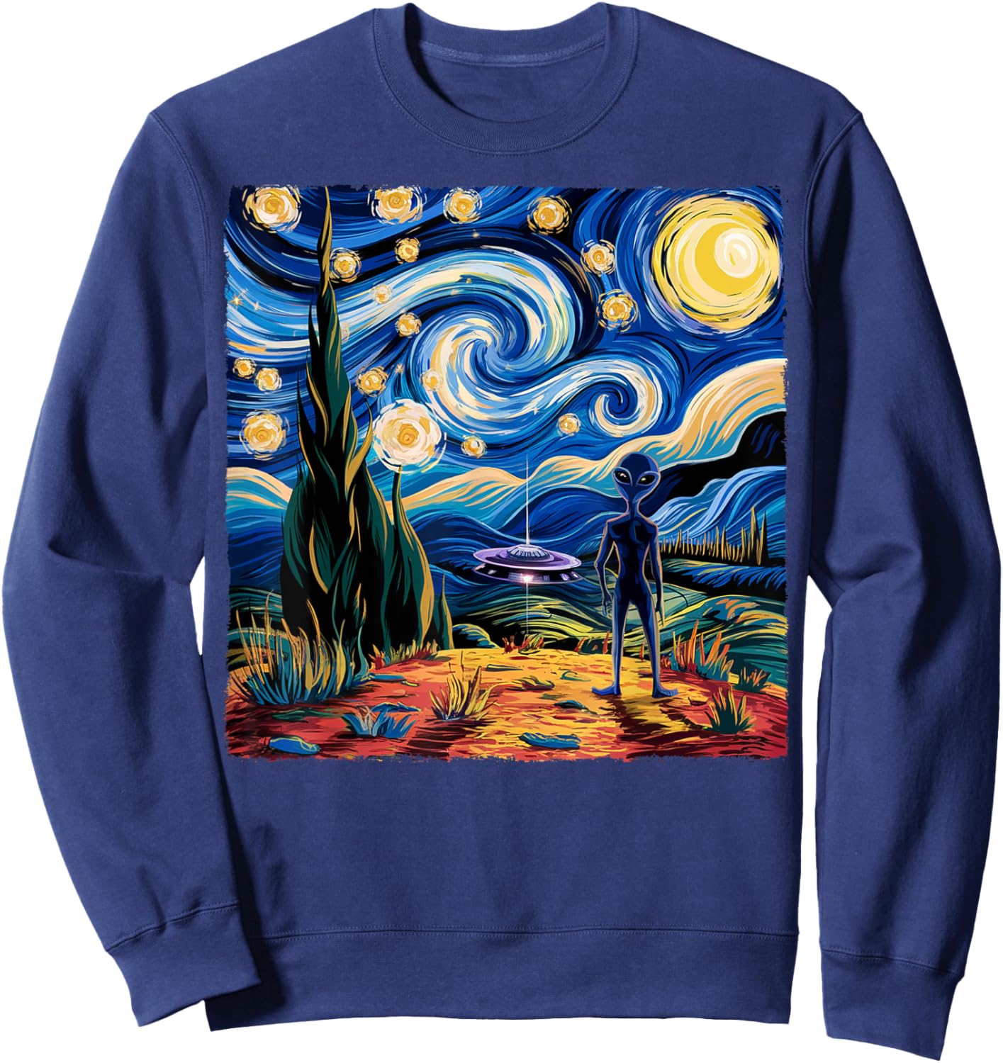 Alien Van Gogh Starry Night UFO Gifts Women Boys Kid Sweatshirt - Sweatshirt | Navy