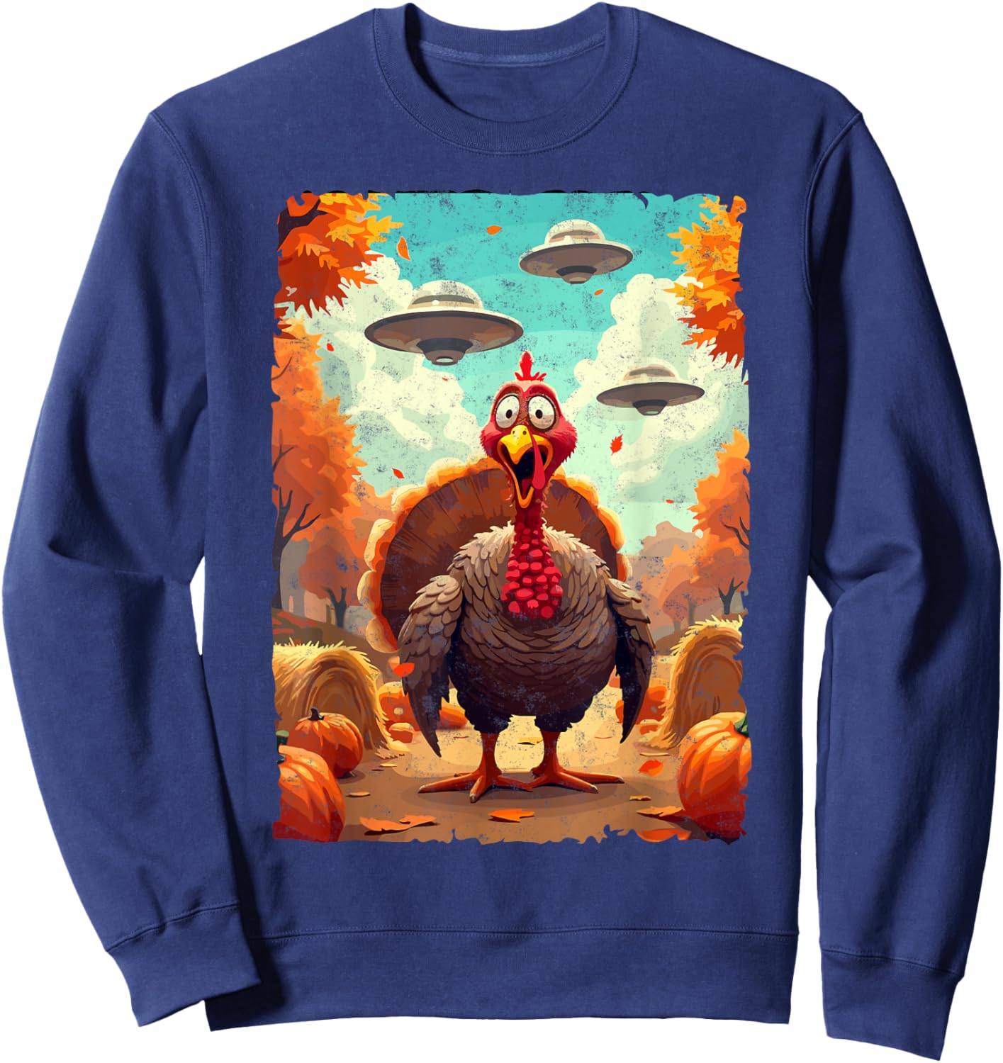 Autumn Fall Season Funny Turkey & UFO Thanksgiving Day Alien Believer Sweatshirt - Sweatshirt | Navy