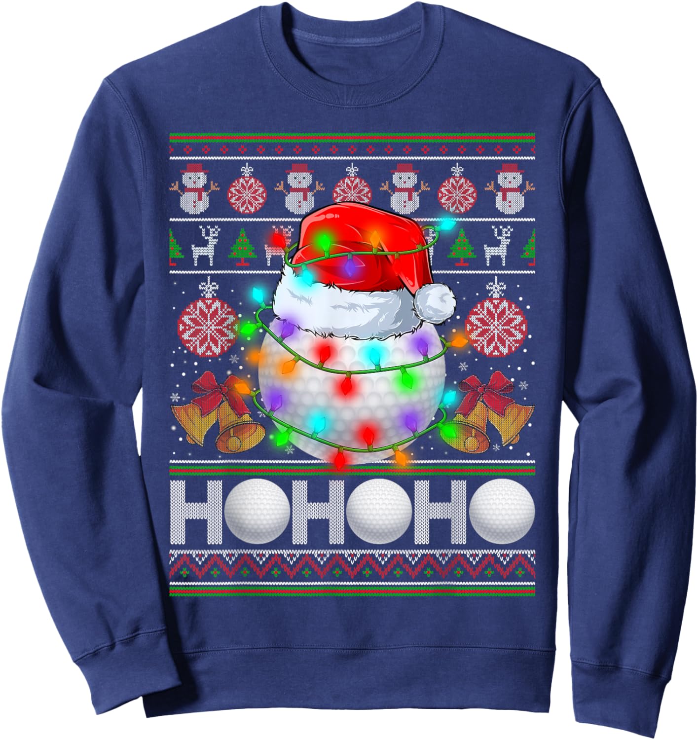 Santa Claus Golf Ball Xmas Tree Light Ugly Christmas Sweater Sweatshirt - Sweatshirt | Navy
