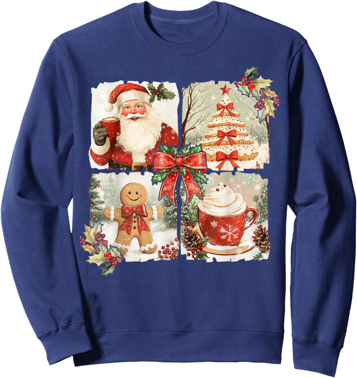 Vintage Coquette Bow Santa Gingerbread Christmas Tree Xmas Sweatshirt - Sweatshirt | Navy