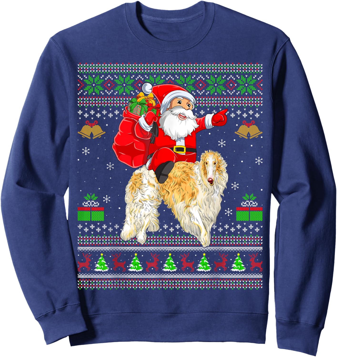 Ugly Xmas Sweater Funny Santa Riding Borzoi Dog Christmas Sweatshirt - Sweatshirt | Navy