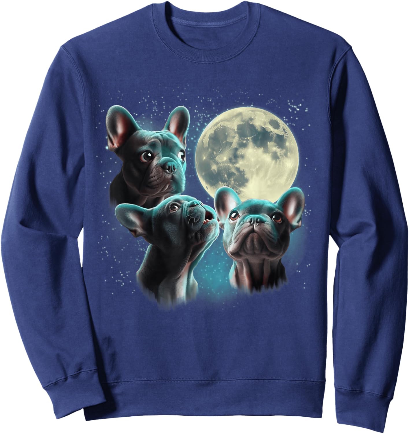 Funny Three French Bulldog Moon, 3 Frenchie Blue, Weird Cute Sweatshirt - Sweatshirt | Navy