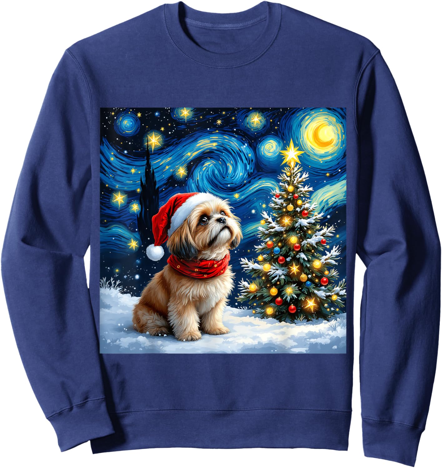 Shih Tzu Starry Night Christmas Van Gogh Dog Santa Hat Sweatshirt - Sweatshirt | Navy