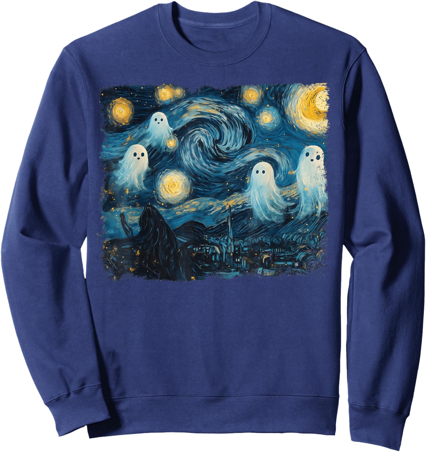 Cute Ghost Starry Night Halloween Spooky Retro Van Gogh Art Sweatshirt - Sweatshirt | Navy