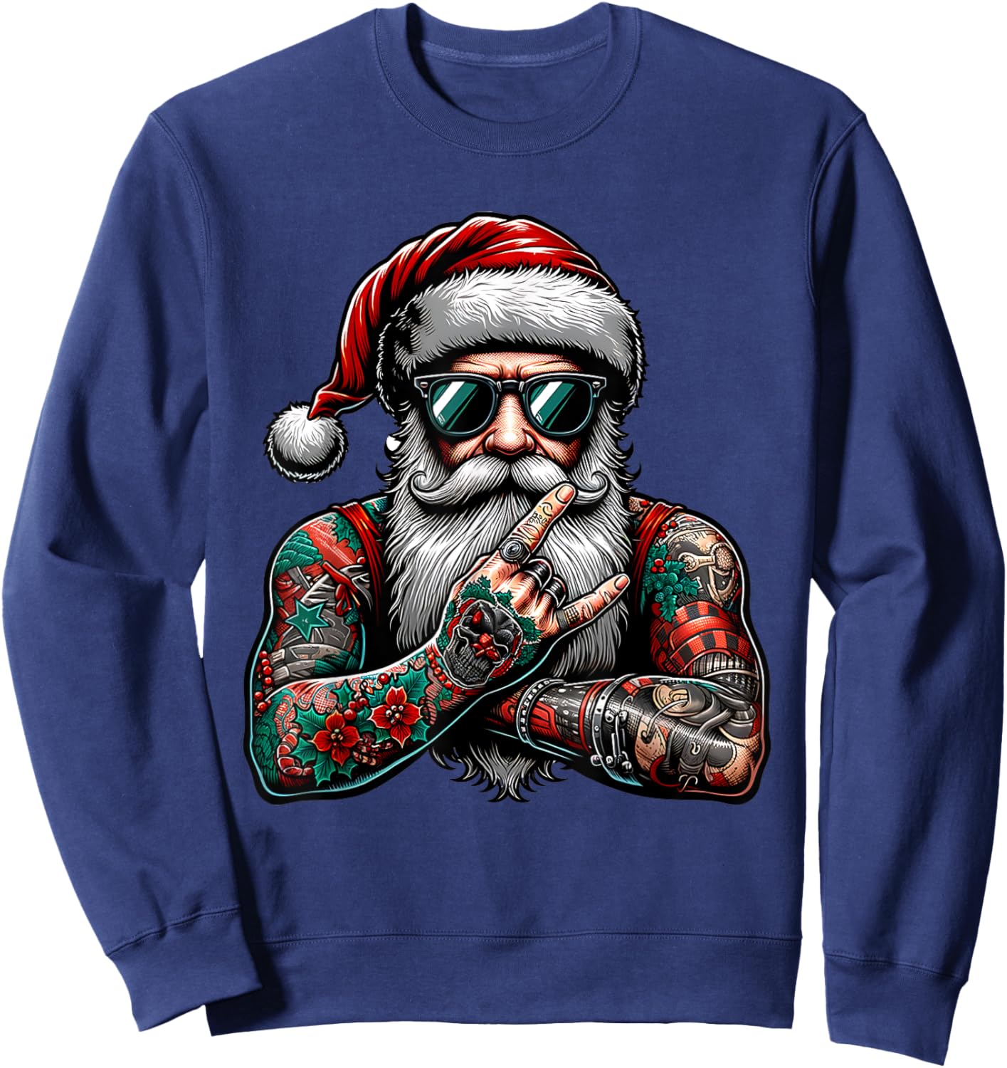 Tattooed Santa Claus inked xmas men & women ugly Christmas Sweatshirt - Sweatshirt | Navy