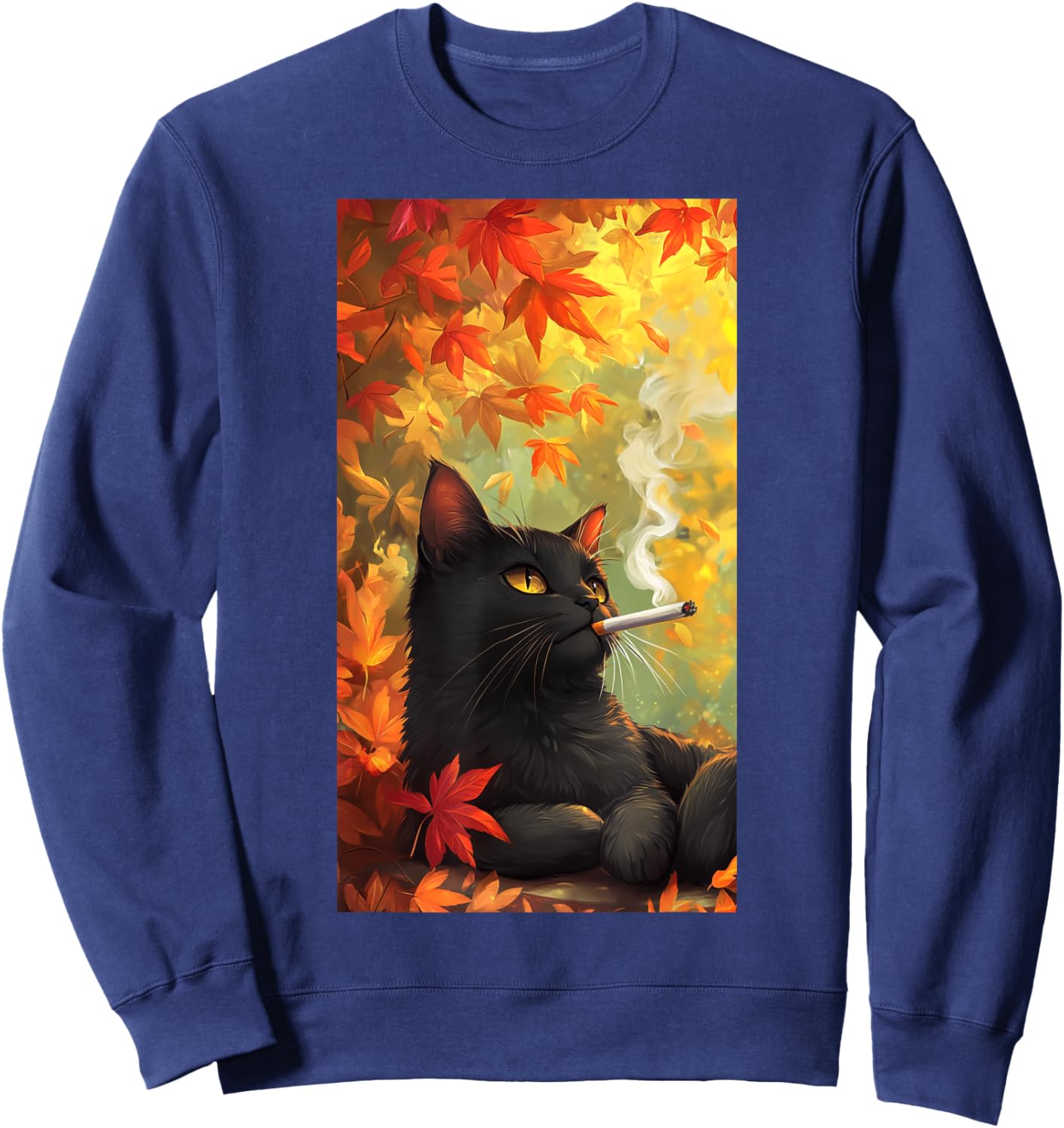 Cat Relaxing Cigarette Autumn leaves Smoking cat Men Women Sweatshirt - Sweatshirt | Navy